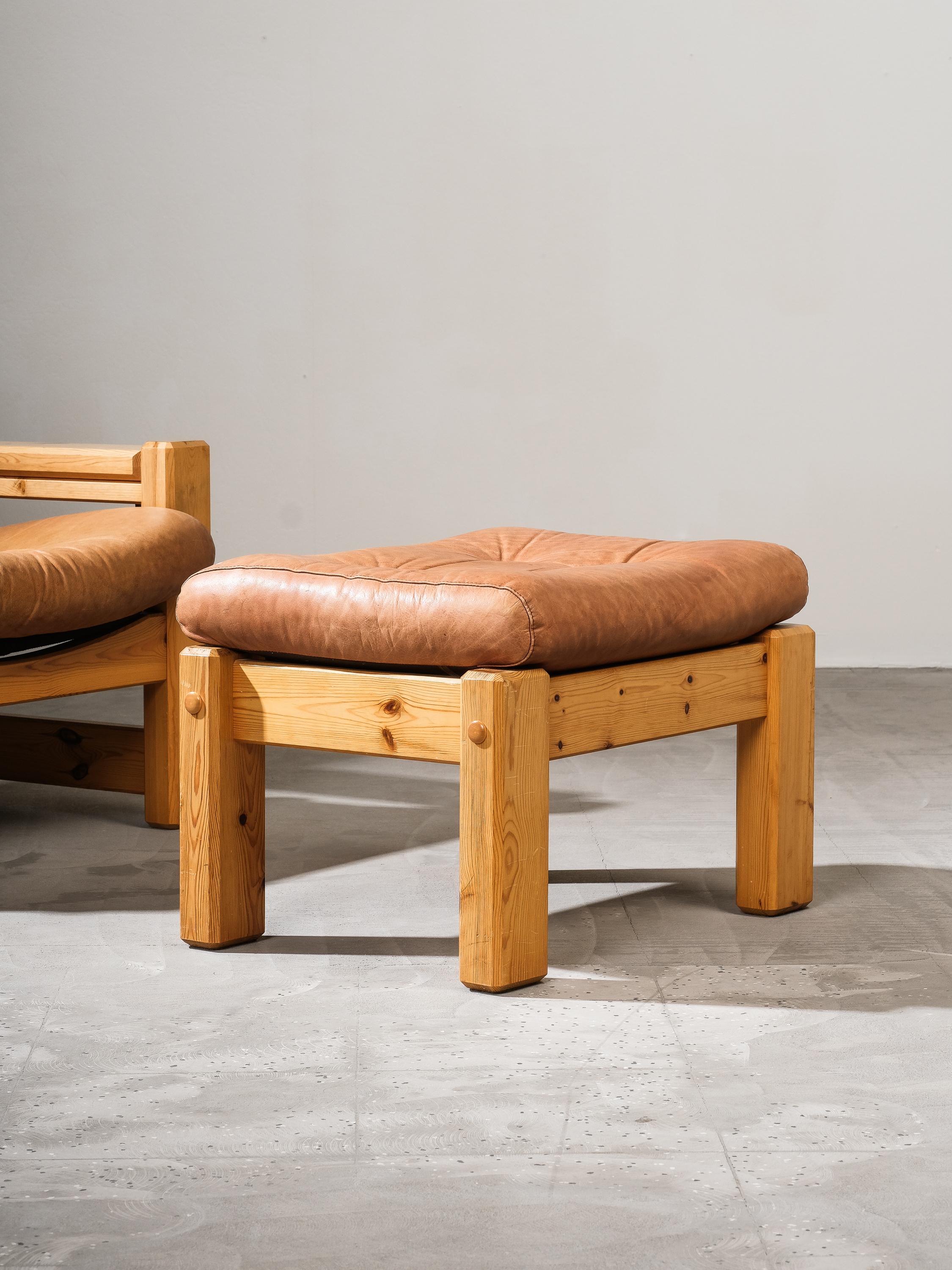 Norwegian Pine & Leather Reclining Lounge Chair with Ottoman, Norway, 1970s