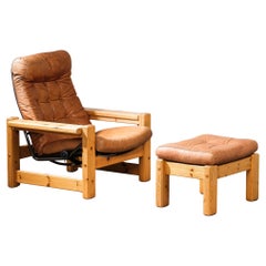 Pine & Leather Reclining Lounge Chair with Ottoman, Norway, 1970s