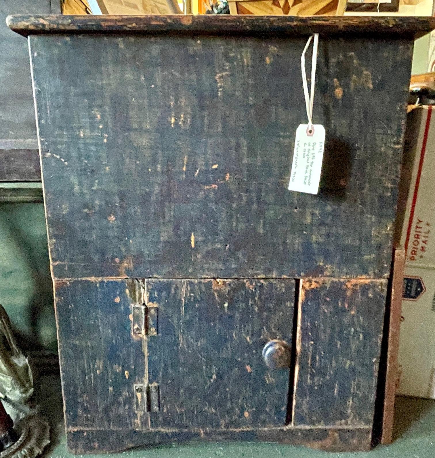 Blue painted lift-top commode, circa 1860.