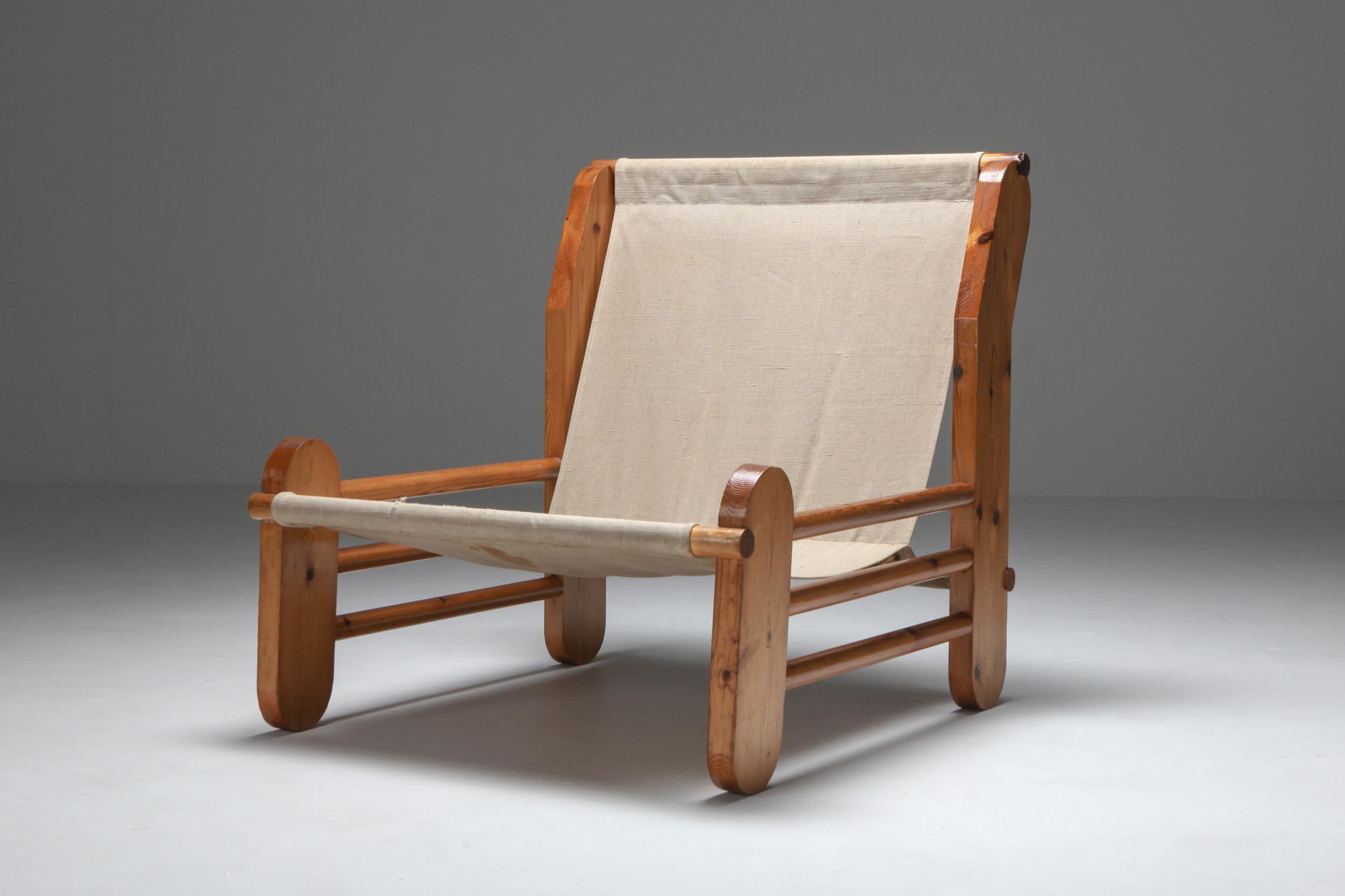 European Pine Lounge Chair with Canvas Seating, 1970s