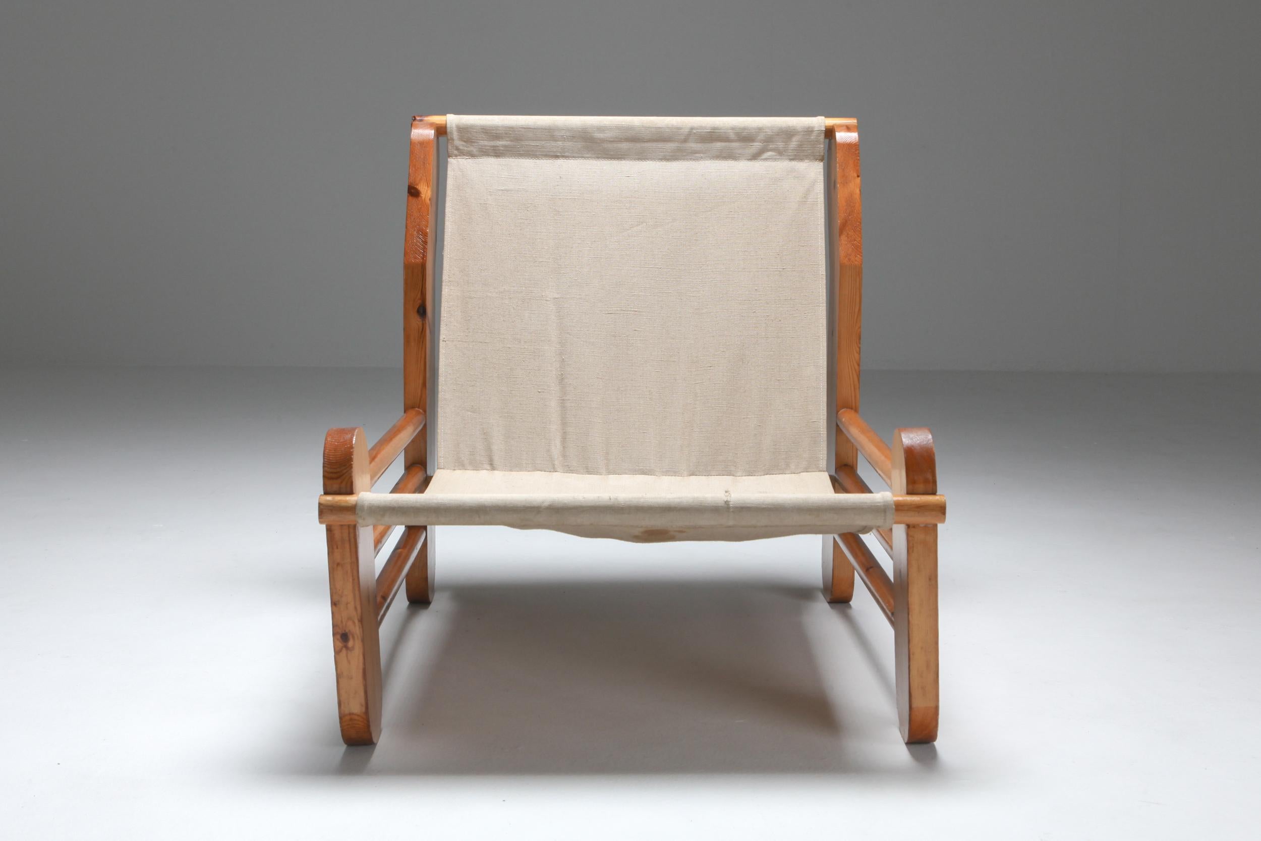 Pine Lounge Chair with Canvas Seating, 1970s In Good Condition In Antwerp, BE