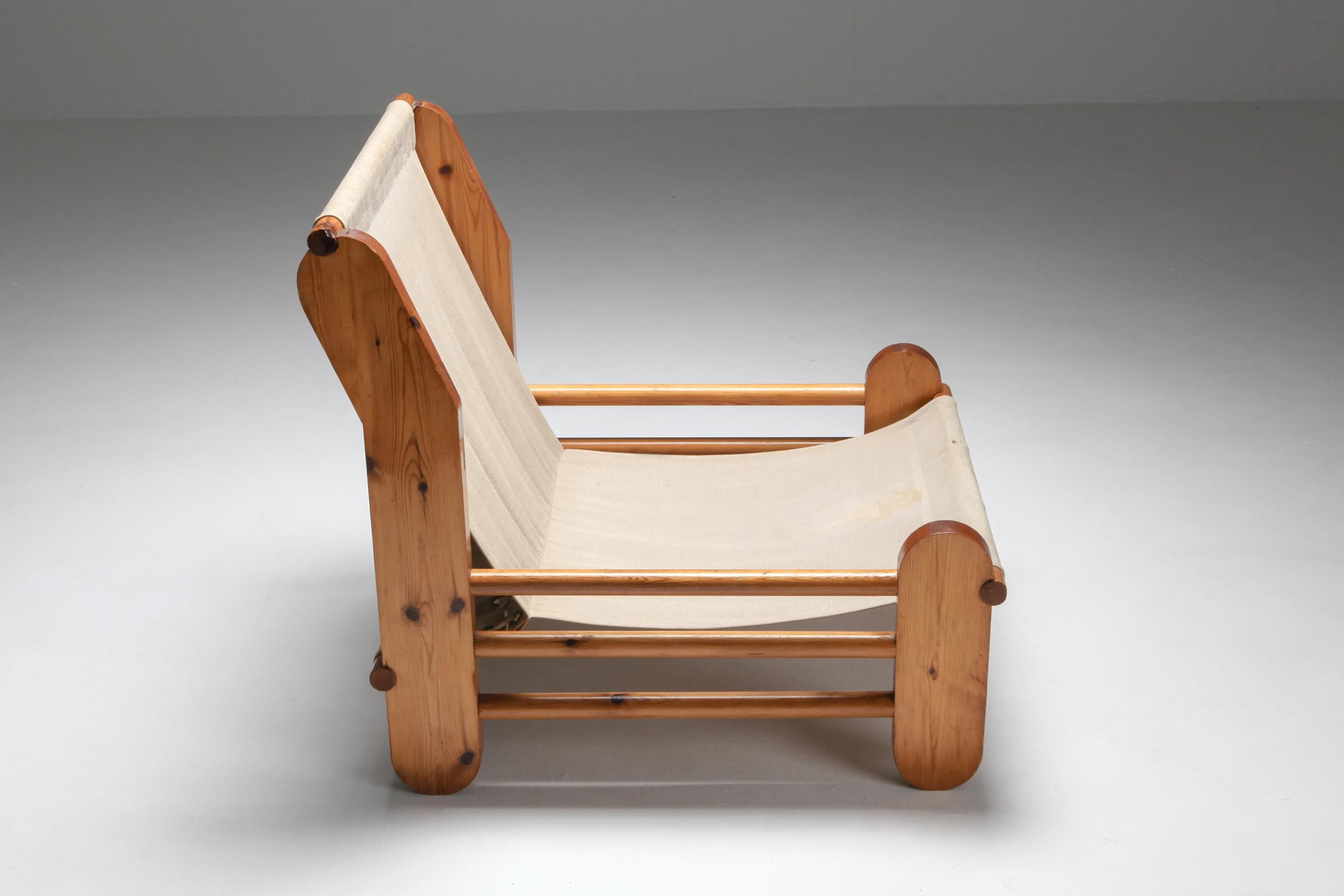 Late 20th Century Pine Lounge Chair with Canvas Seating, 1970s