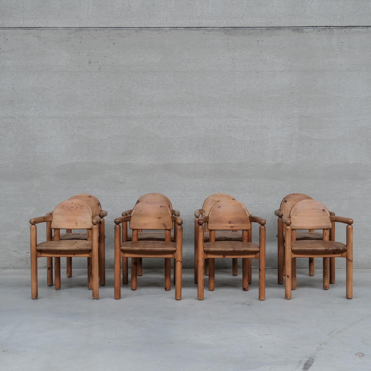 A set of eight dining chairs often attributed to Rainer Daumiller. 

Sweden, c1970s. 

Arm/carver model although we can provide armless sets also. 

Good condition generally, some scuffs commensurate with age.

PRICES ARE EXCLUSIVE OF VAT IF SOLD IN