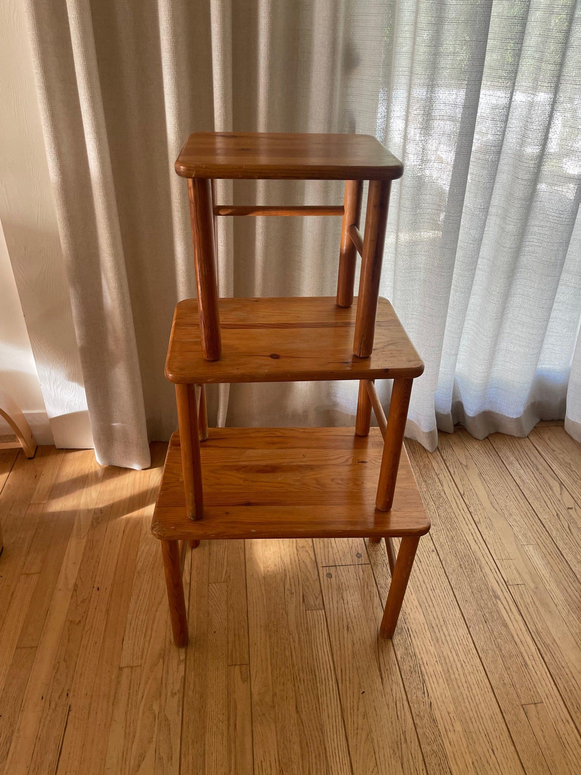  Set of 3 pine nesting tables from England. Perfect accent table for any space, bring them out for a party for extra fun. 
