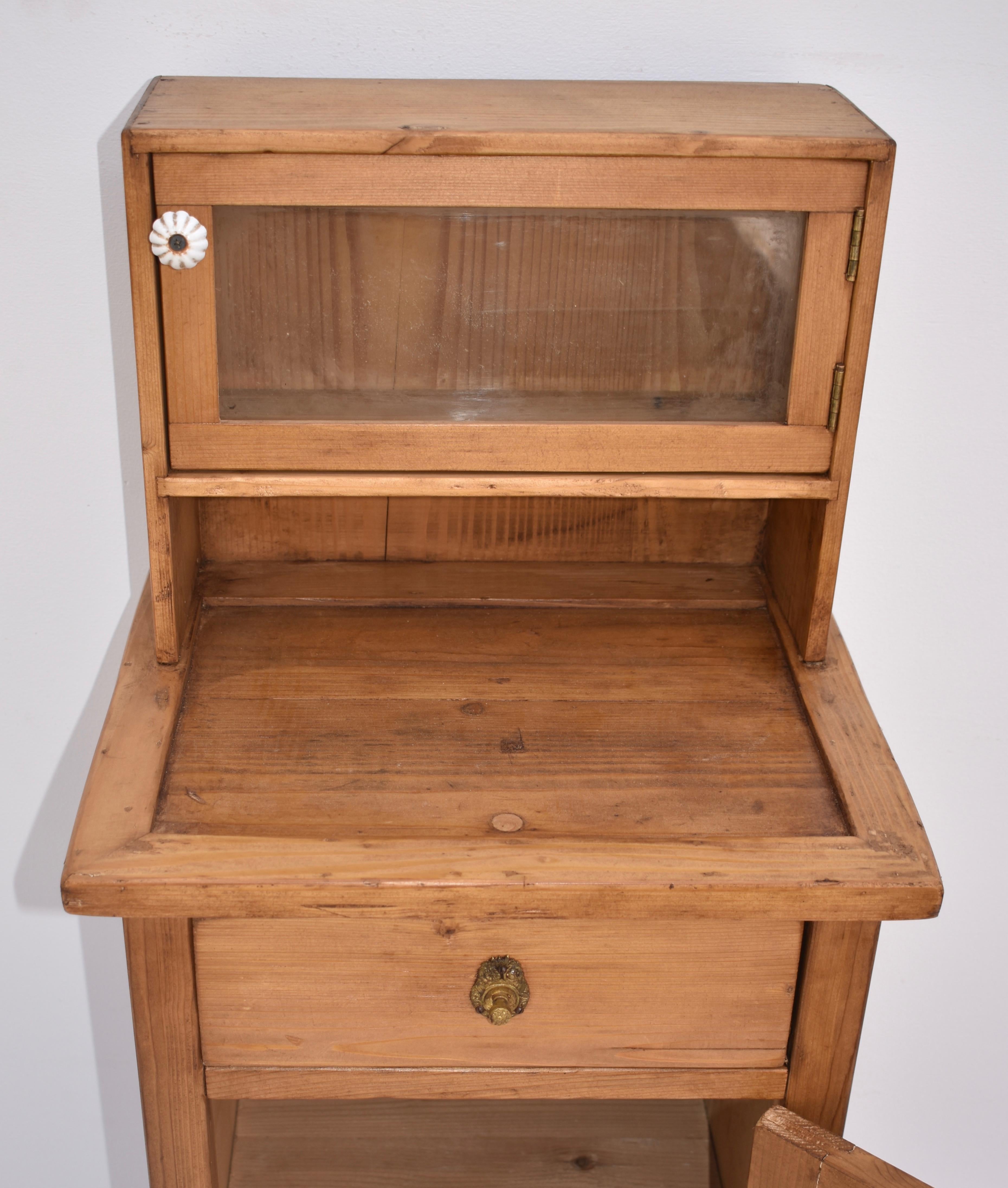 20th Century Pine Nightstand with Glazed Cupboard