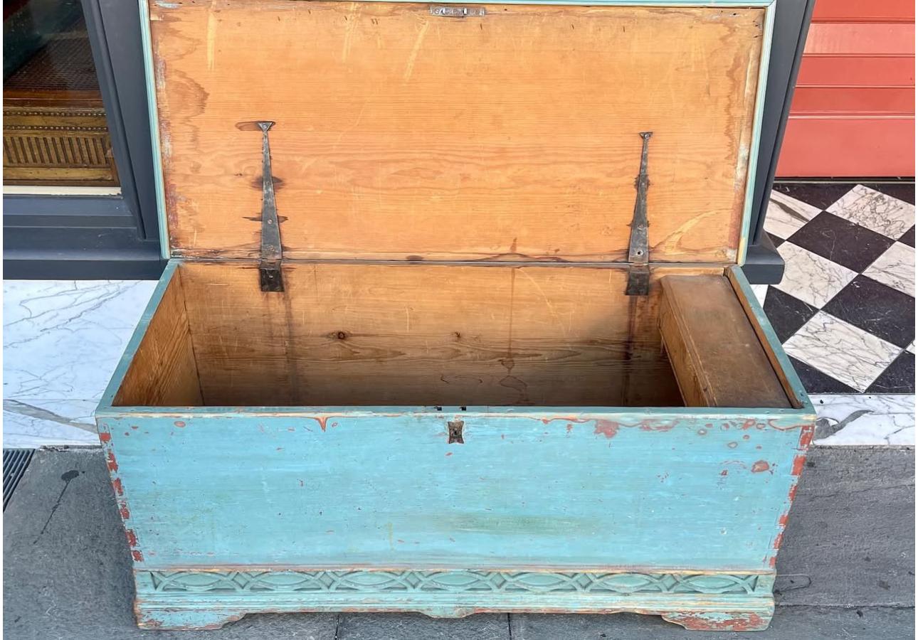 American Pine painted 19th century blanket chest with fretwork base on base For Sale