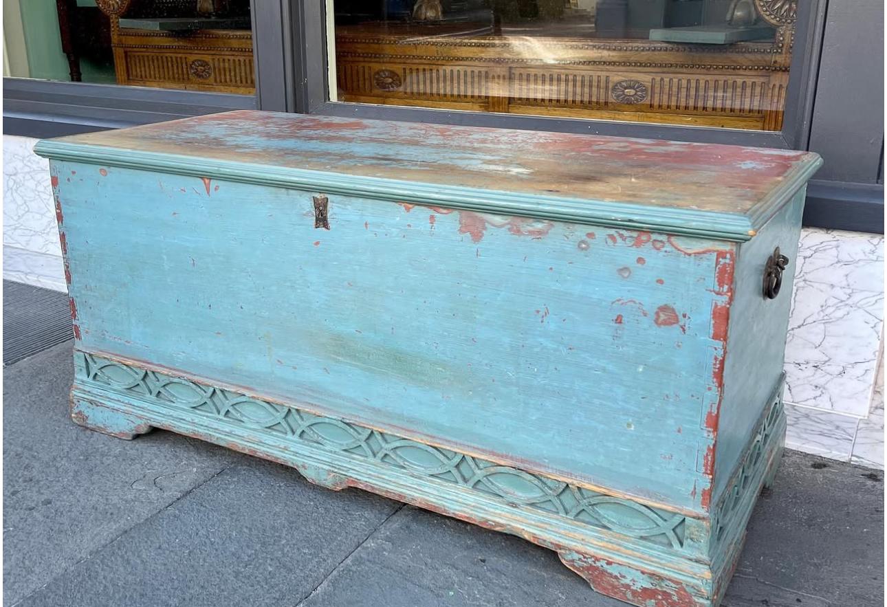 19th Century Pine painted 19th century blanket chest with fretwork base on base For Sale
