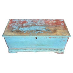 Pine painted 19th century blanket chest with fretwork base on base