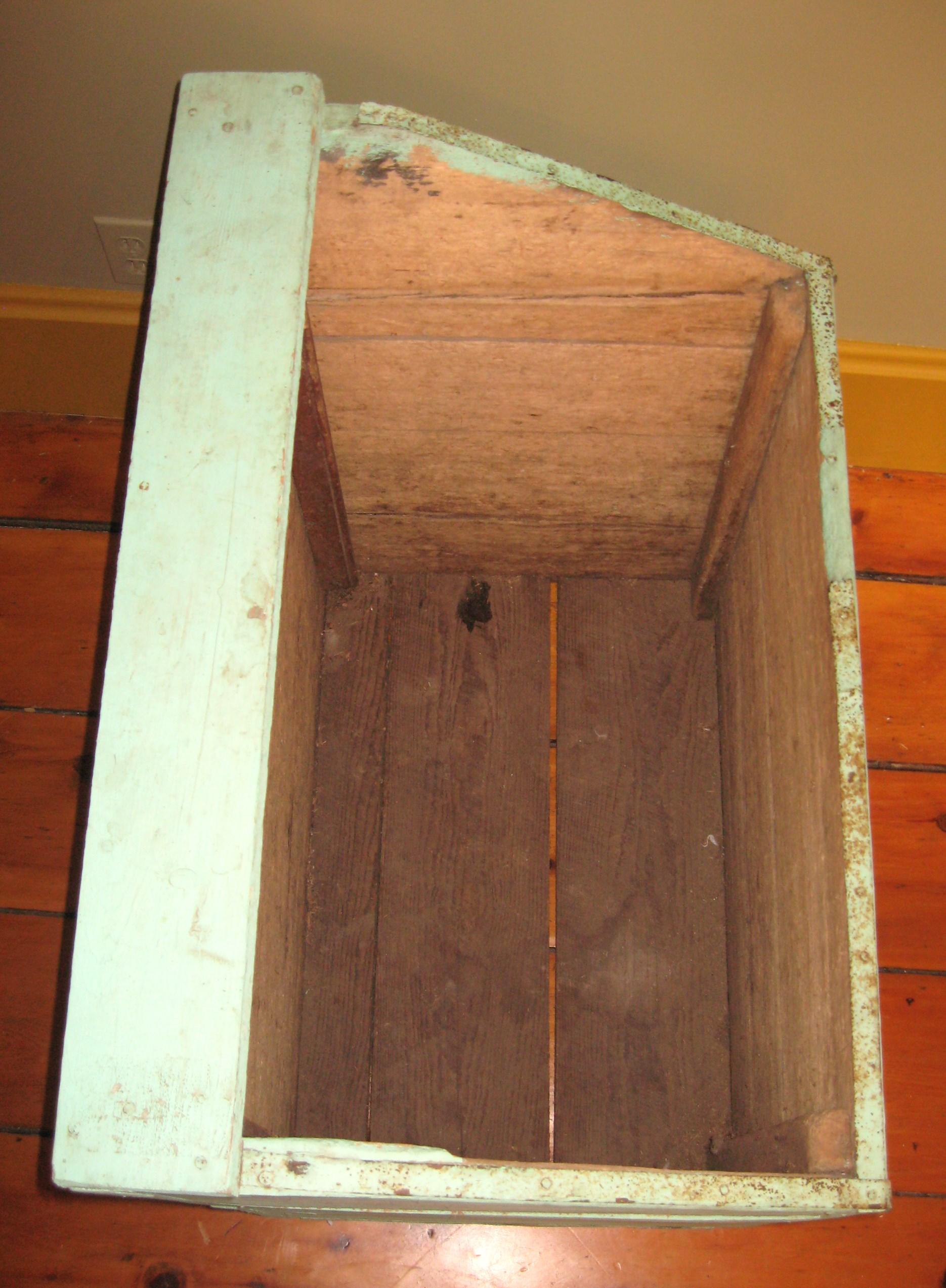 Mid-19th Century Pine Primitive Farm House Grain Bin Firewood Box Rustic Charm Green Painted For Sale
