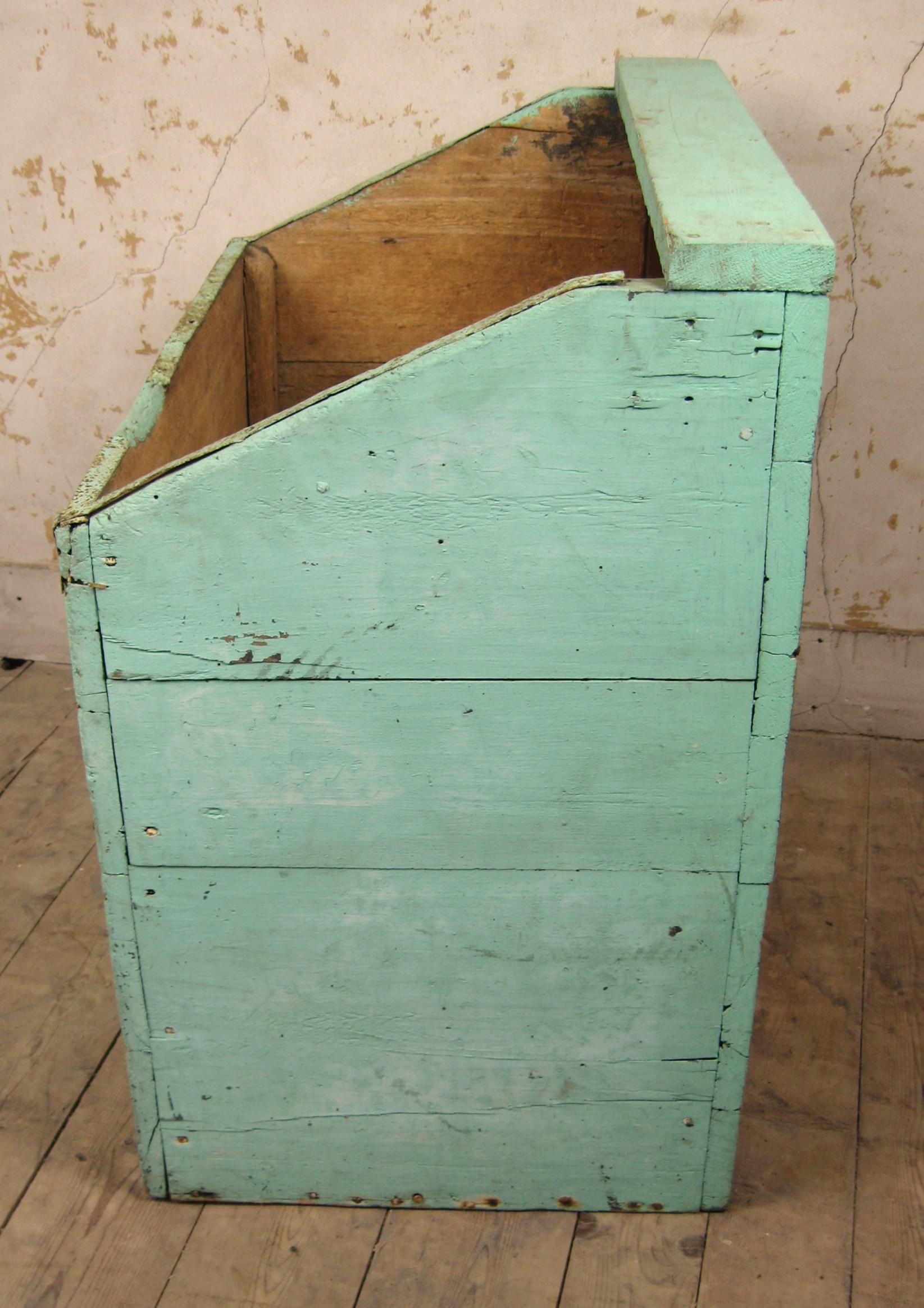 Hand-Crafted Pine Primitive Grain Box Firewood Bin Rustic Green Farmhouse 1920s For Sale