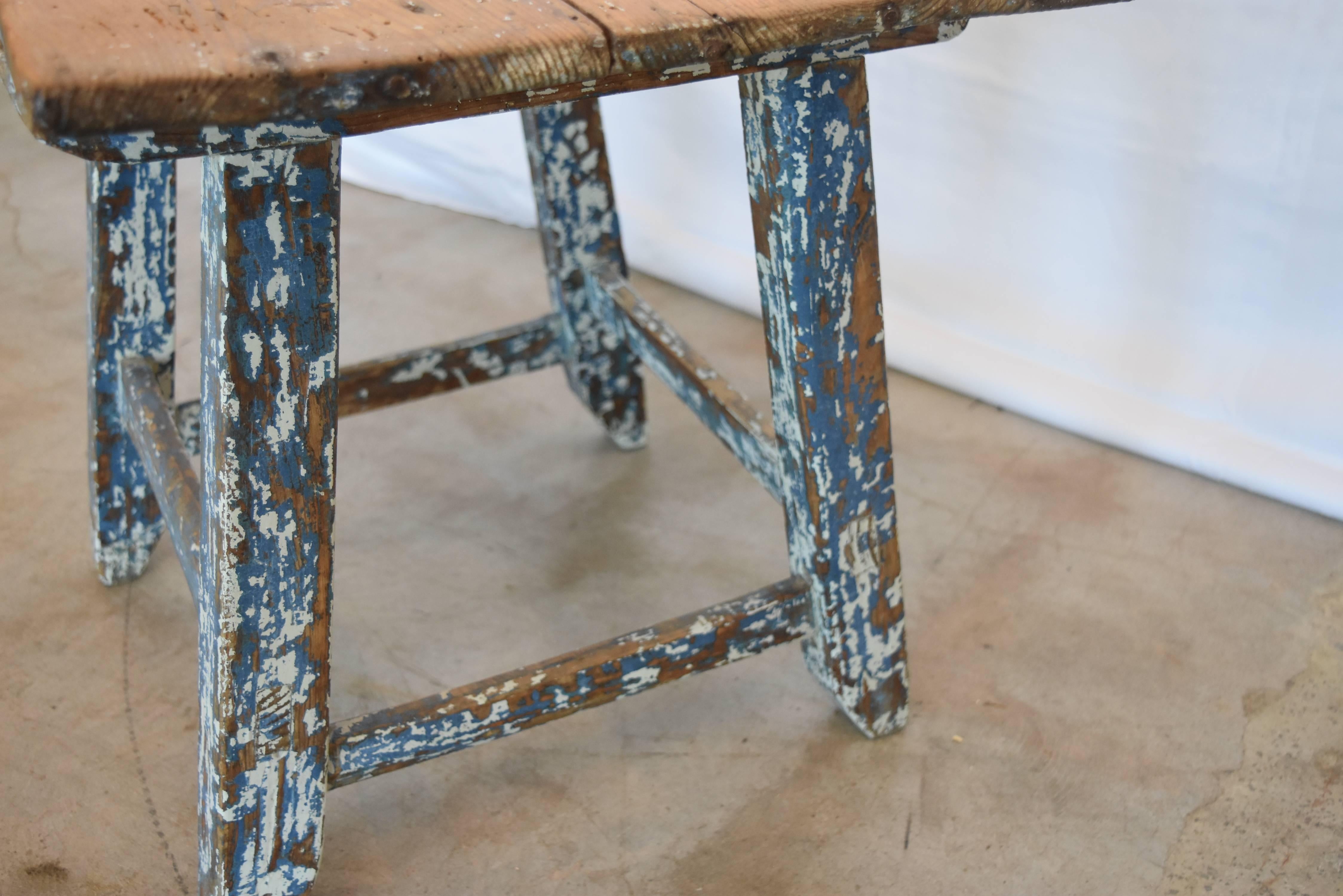 Pine Primitive Spanish Childs Table or Stool with Original Blue White Paint 1