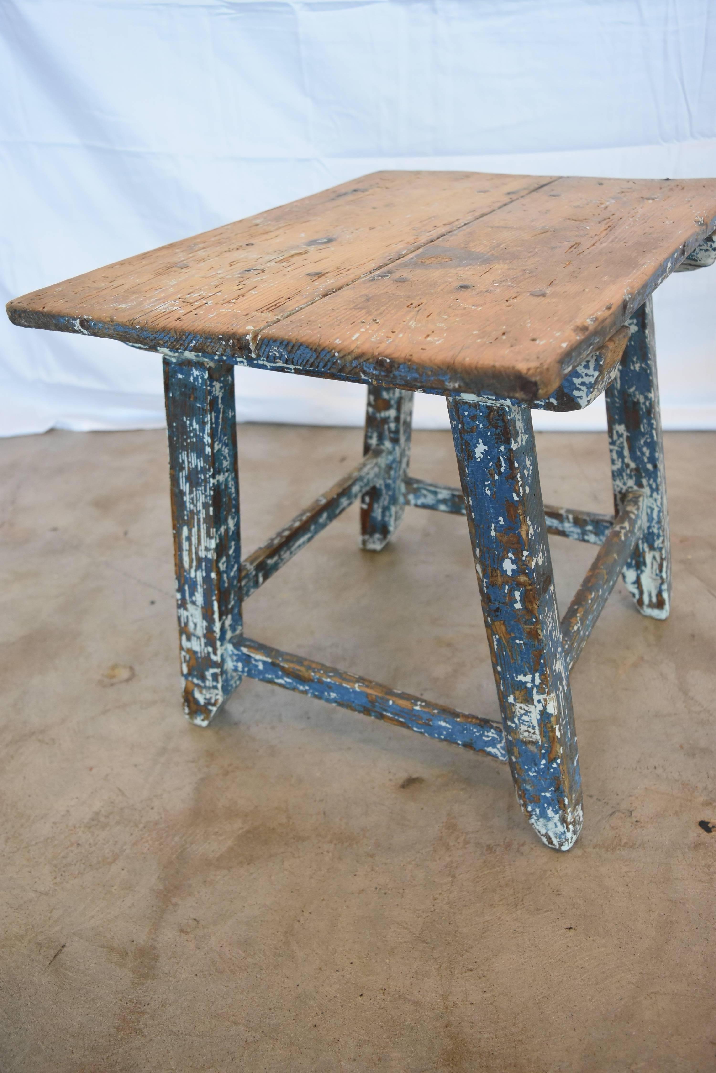 Pine Primitive Spanish Childs Table or Stool with Original Blue White Paint 4
