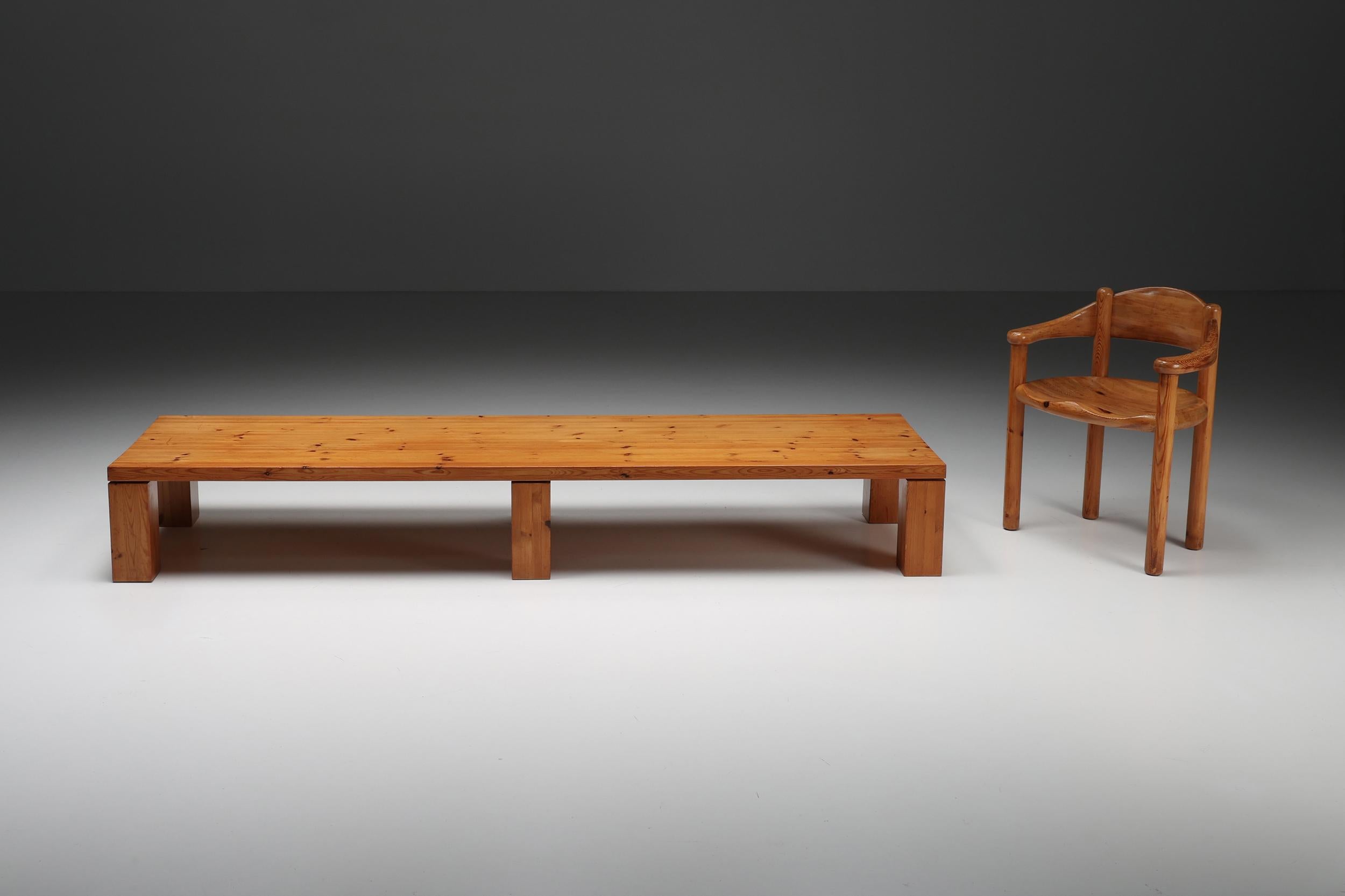 Pine Rectangular XL coffee table, bench, Mid-Century Modern, France, 1960's 

Mid-Century Modern six-legged rectangular coffee table or bench in solid pine wood. The remarkable wooden grain pattern is what this piece is all about. Because of it's