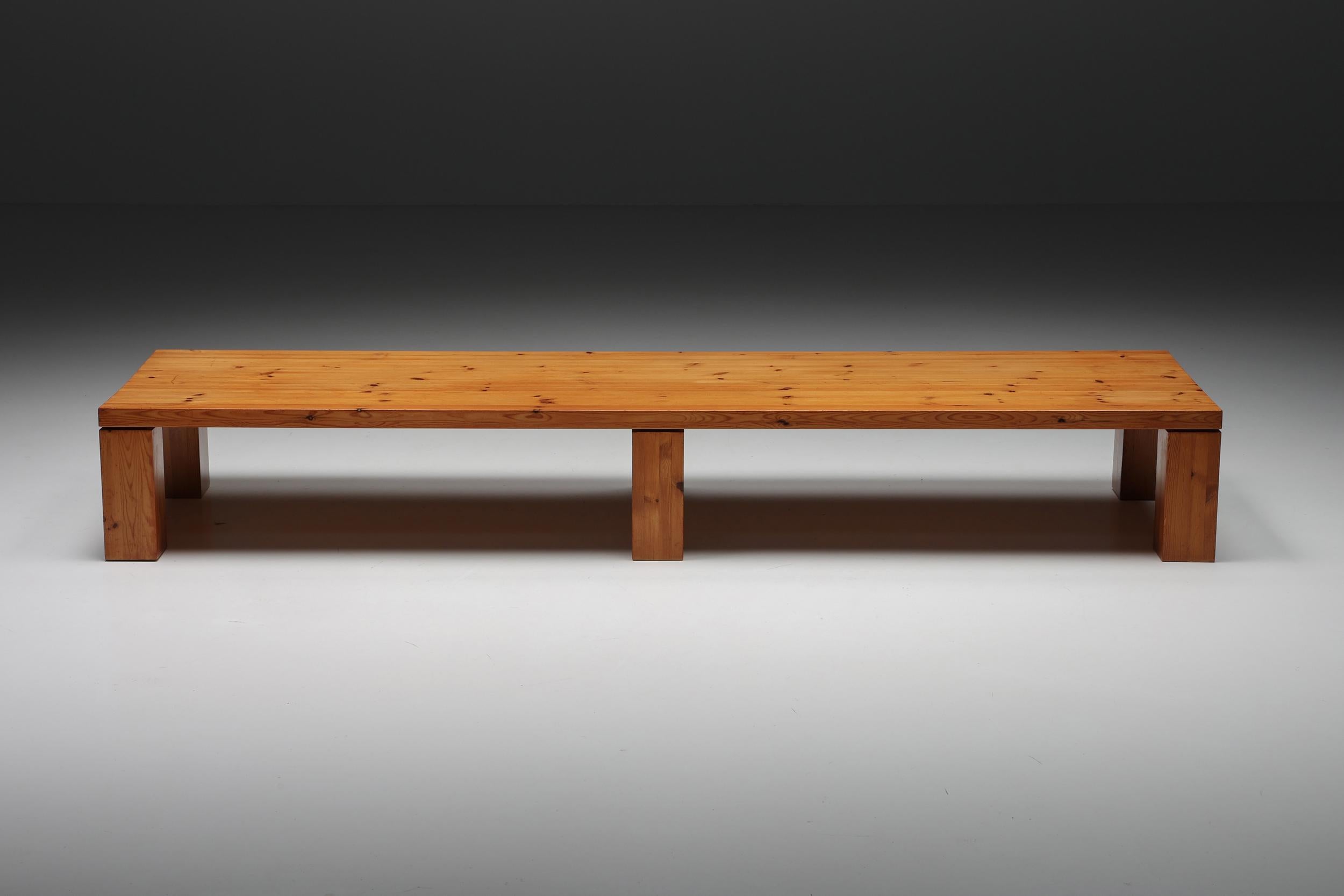 French Pine Rectangular XL Coffee Table, Bench, Mid-Century Modern, France, 1960's  For Sale