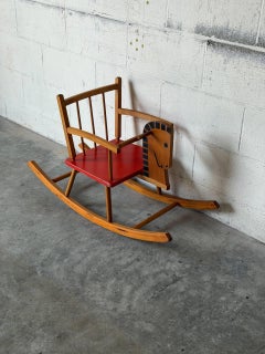 Pine Rocking Horse Toy with Red Seat Danish Mid-Century Modern 1960s