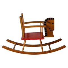 Pine Rocking Horse Toy with Red Seat Danish Mid-Century Modern 1960s