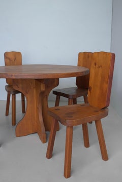 Pine Round Dining Table with 4 chairs in style of Pierre Chapo, France 1965