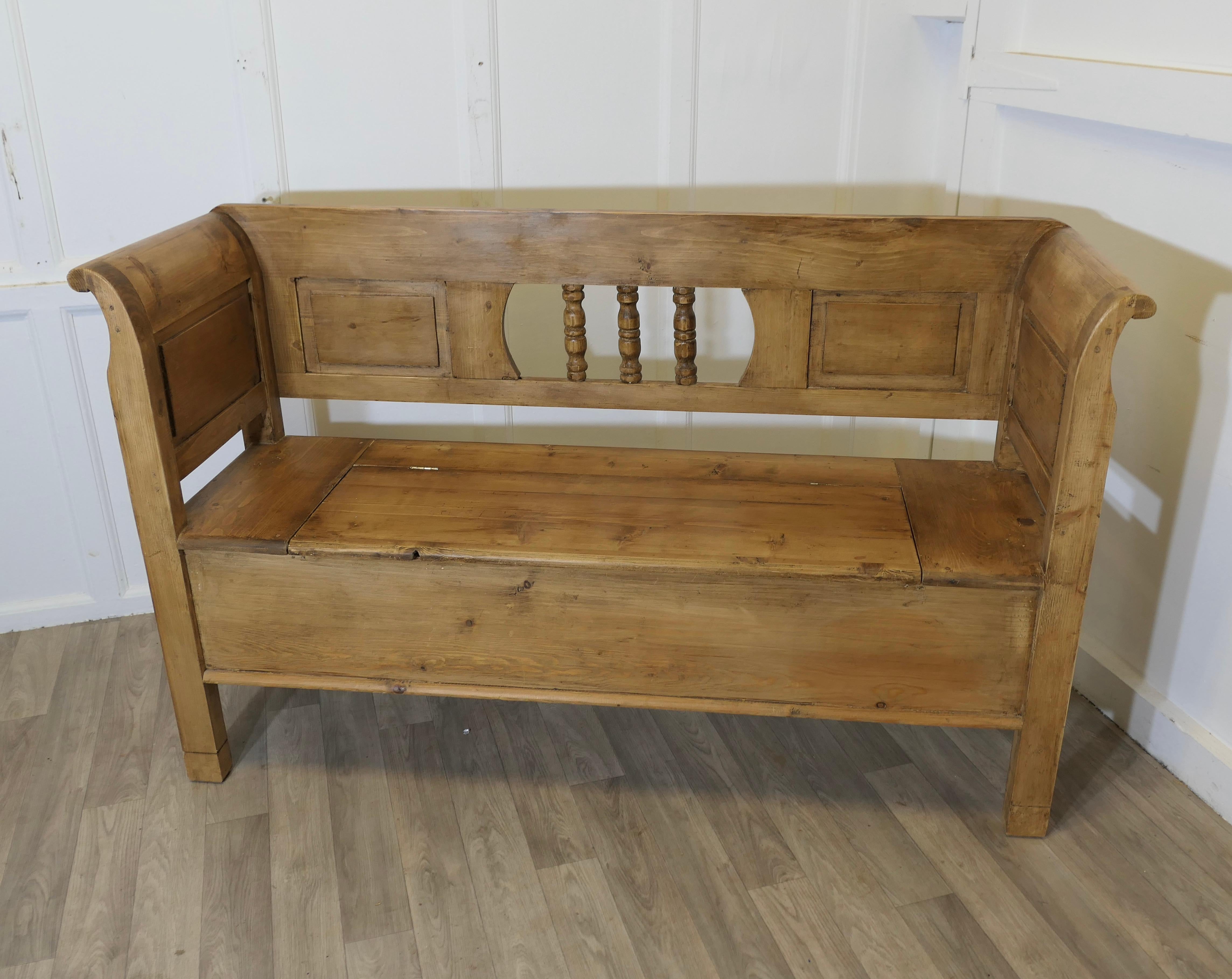 Country Pine Settle, Bench, Hall Seat with Shoe Cupboard