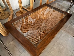 Pine shells and wood coffee table with glass top circa 1970