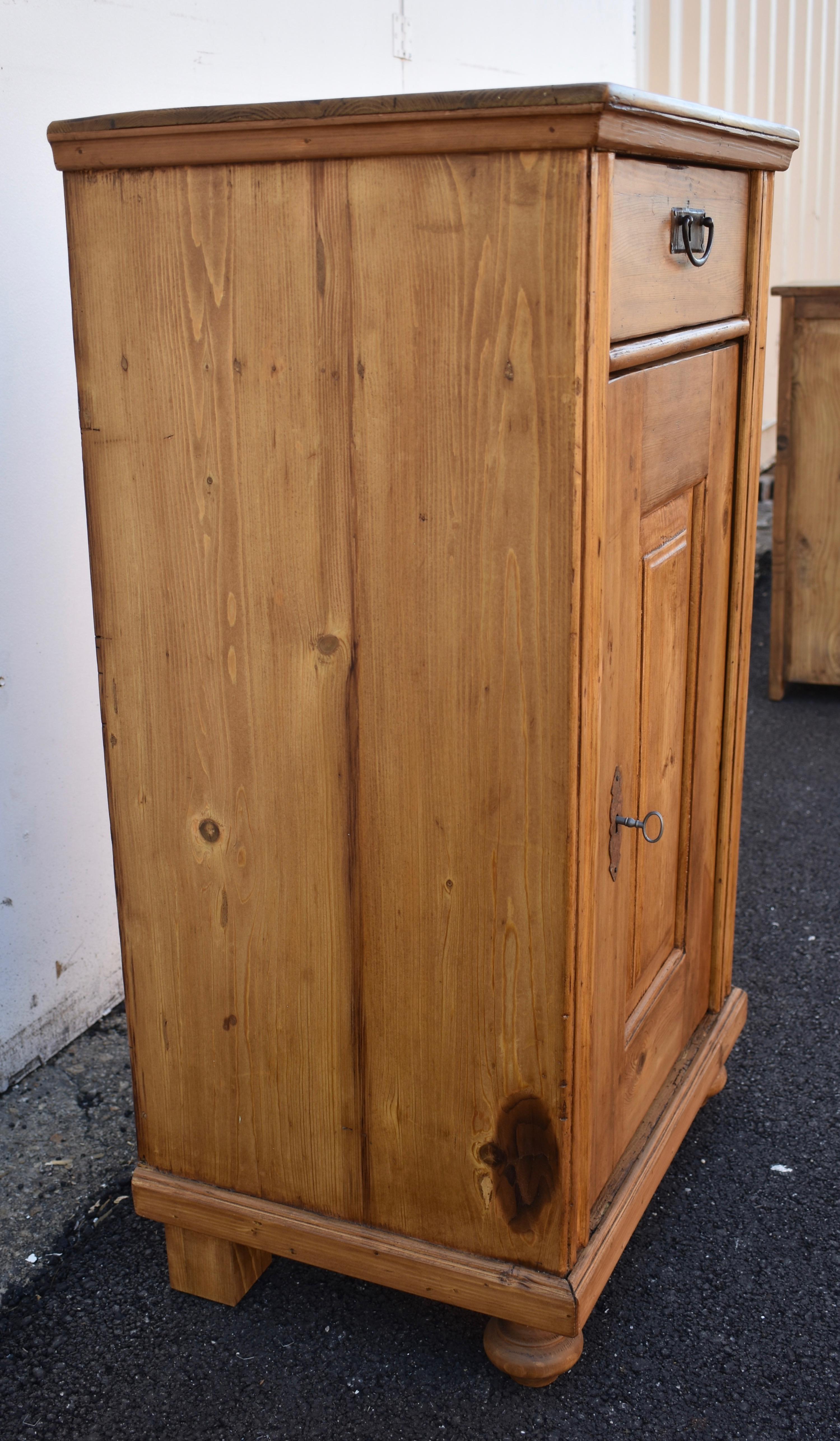 Polished Pine Side Cupboard with One Door and One Drawer For Sale