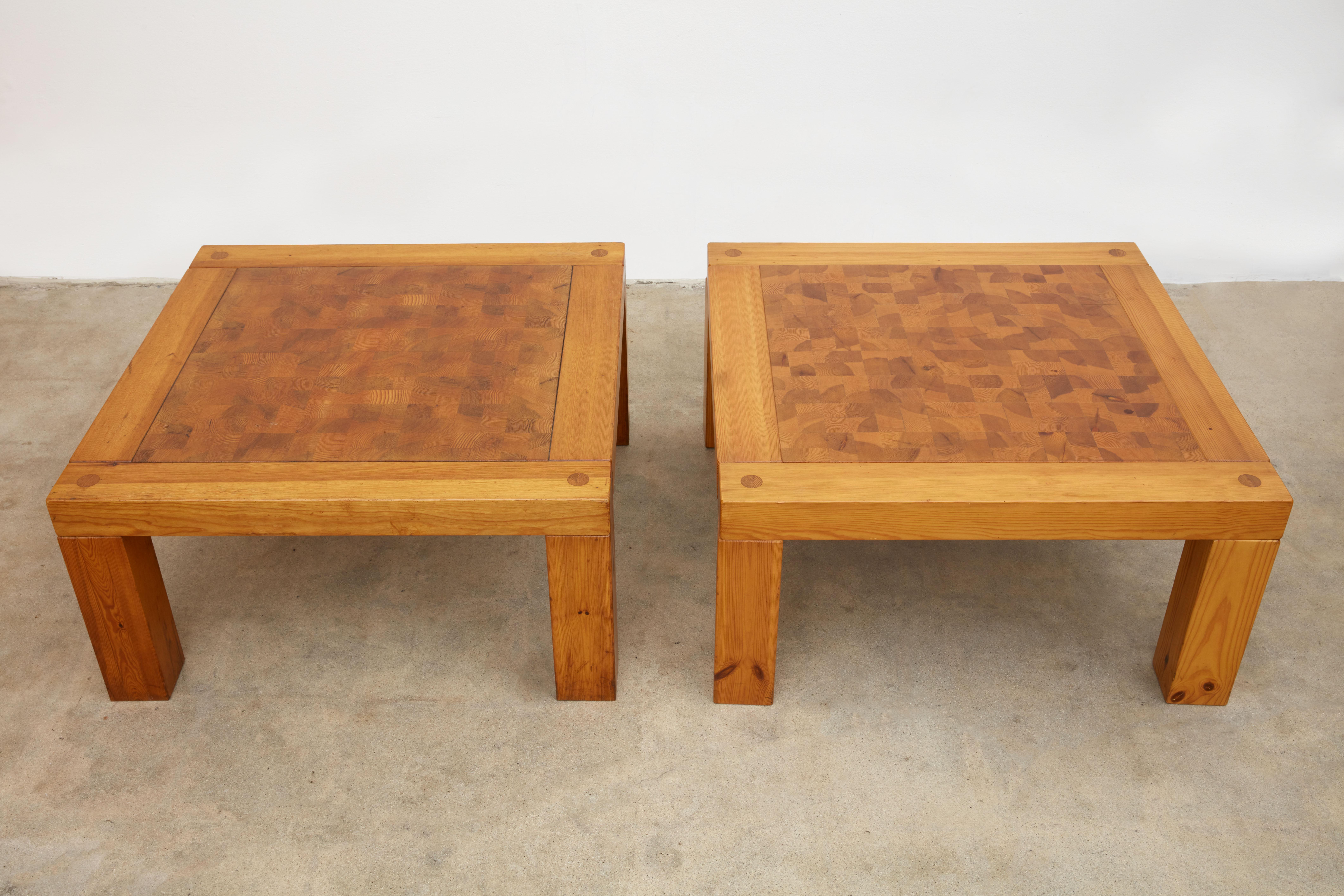 Pair of pine wood side tables with end grain marquetry detail tops.