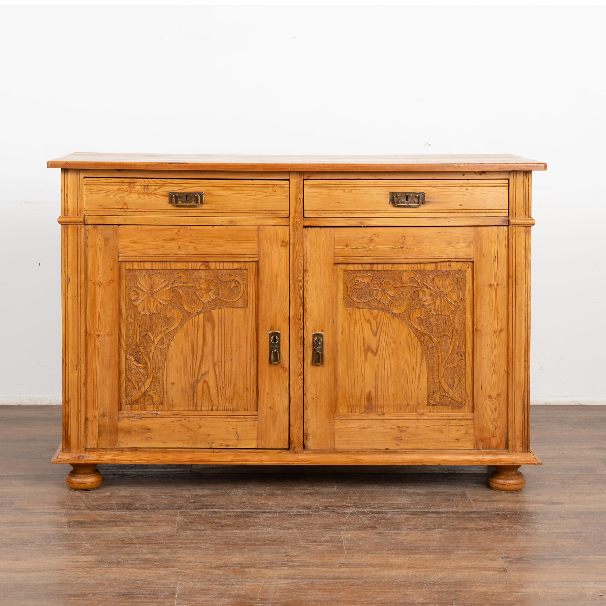 Danish Pine Sideboard Cabinet With Floral Carving, Denmark circa 1890