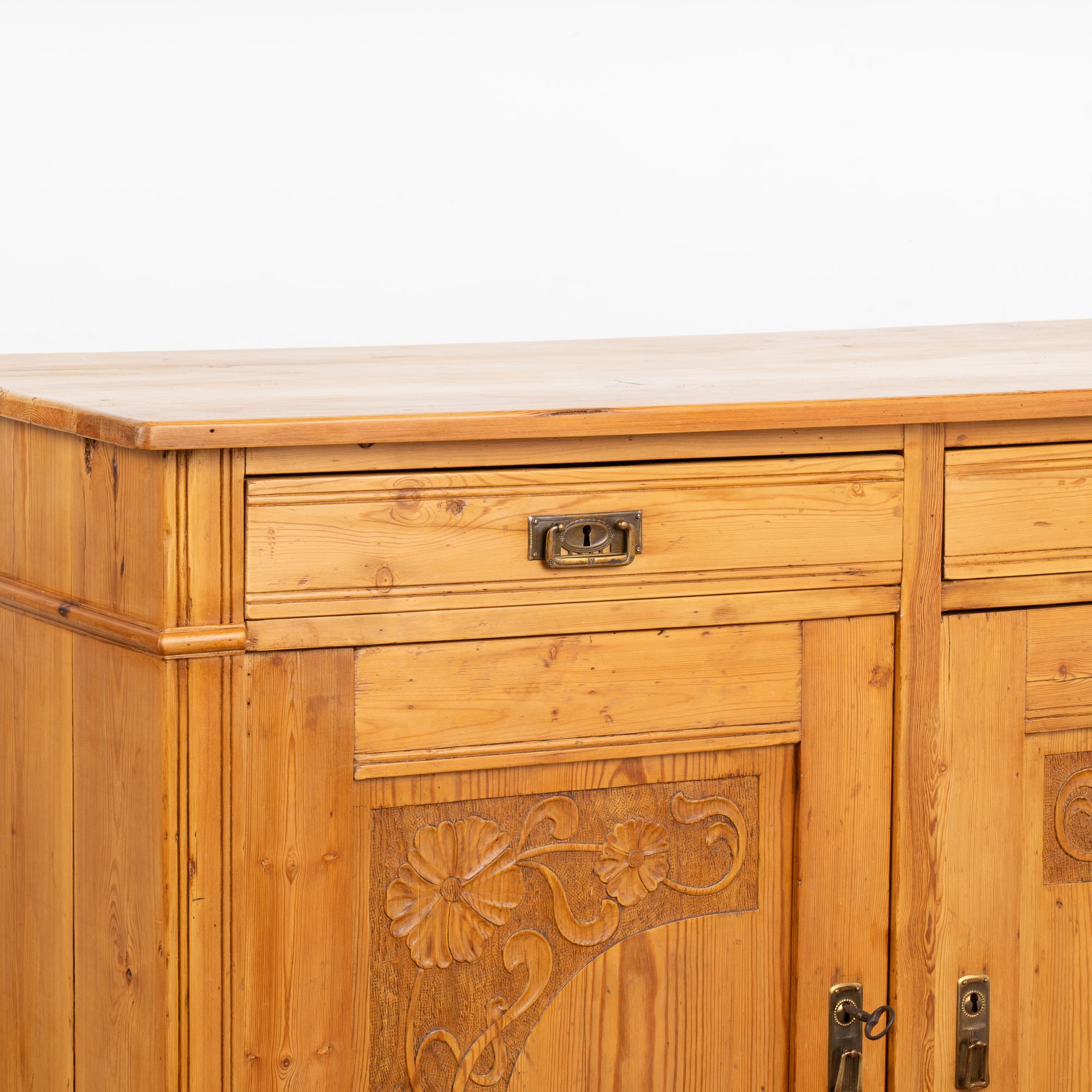 Pine Sideboard Cabinet With Floral Carving, Denmark circa 1890 In Good Condition In Round Top, TX