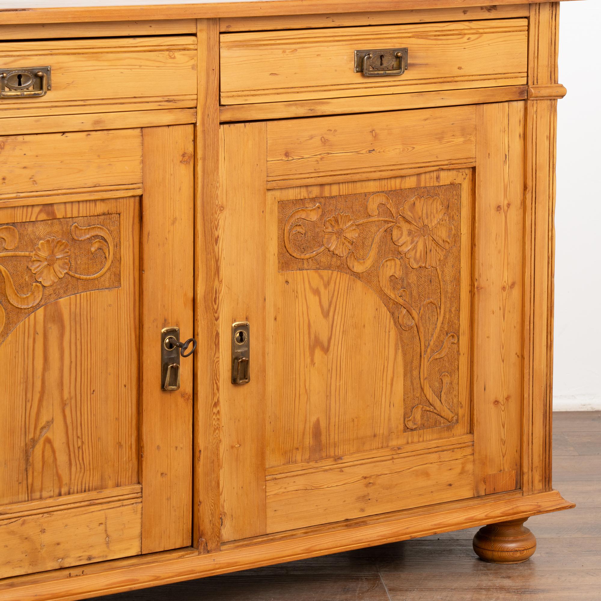 19th Century Pine Sideboard Cabinet With Floral Carving, Denmark circa 1890