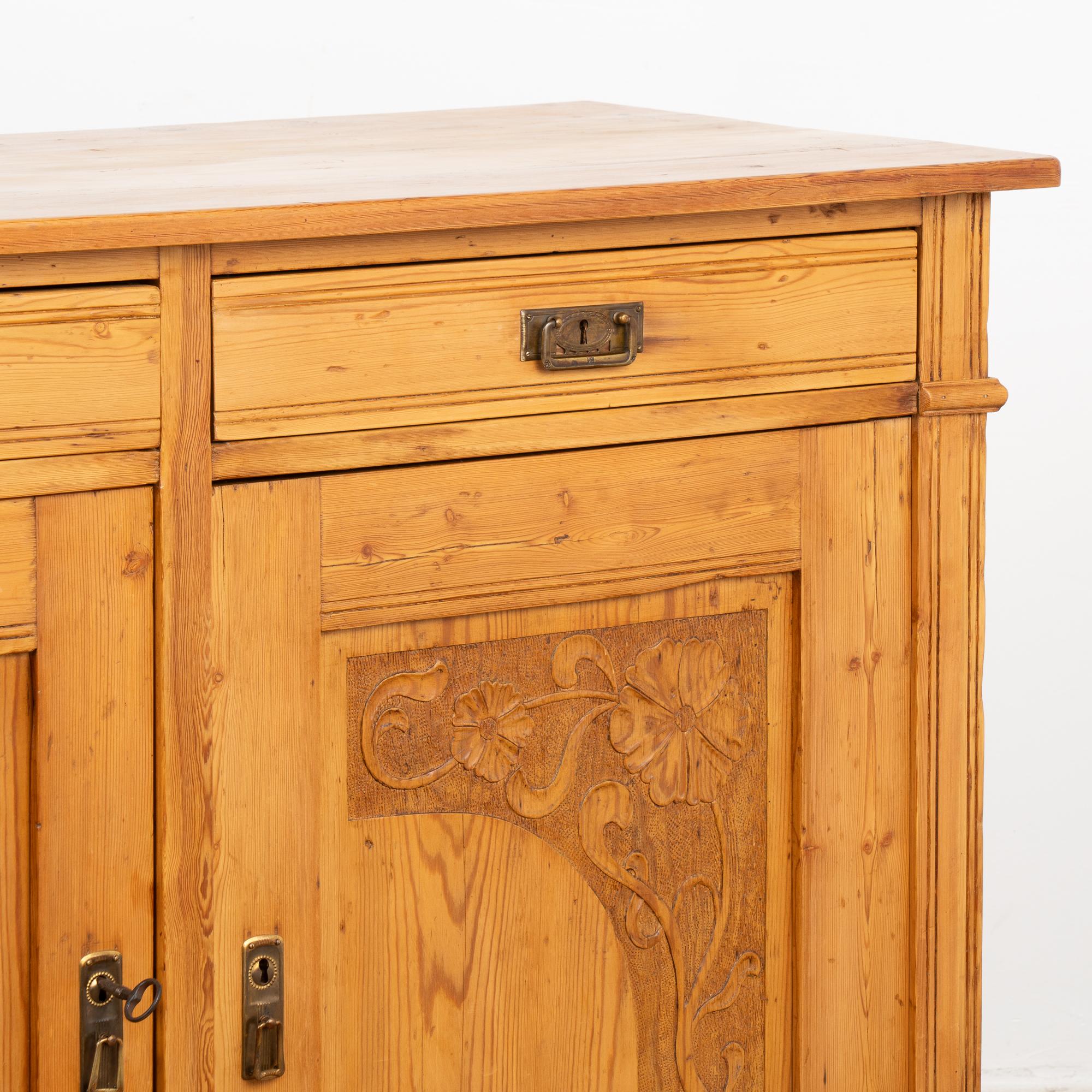 Pine Sideboard Cabinet With Floral Carving, Denmark circa 1890 1