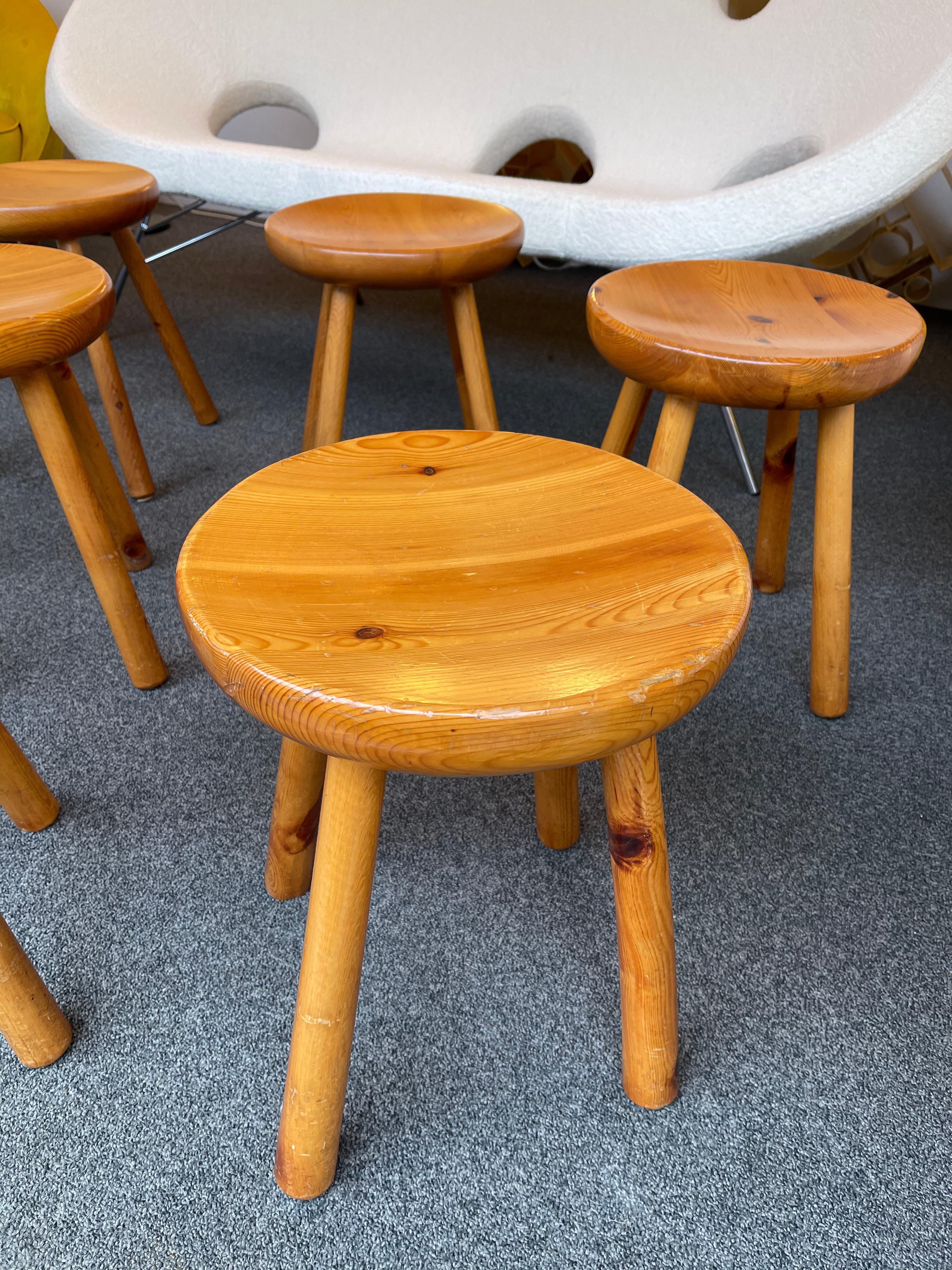 Wood Pine Stool Attributed to Charlotte Perriand, France, 1960s For Sale