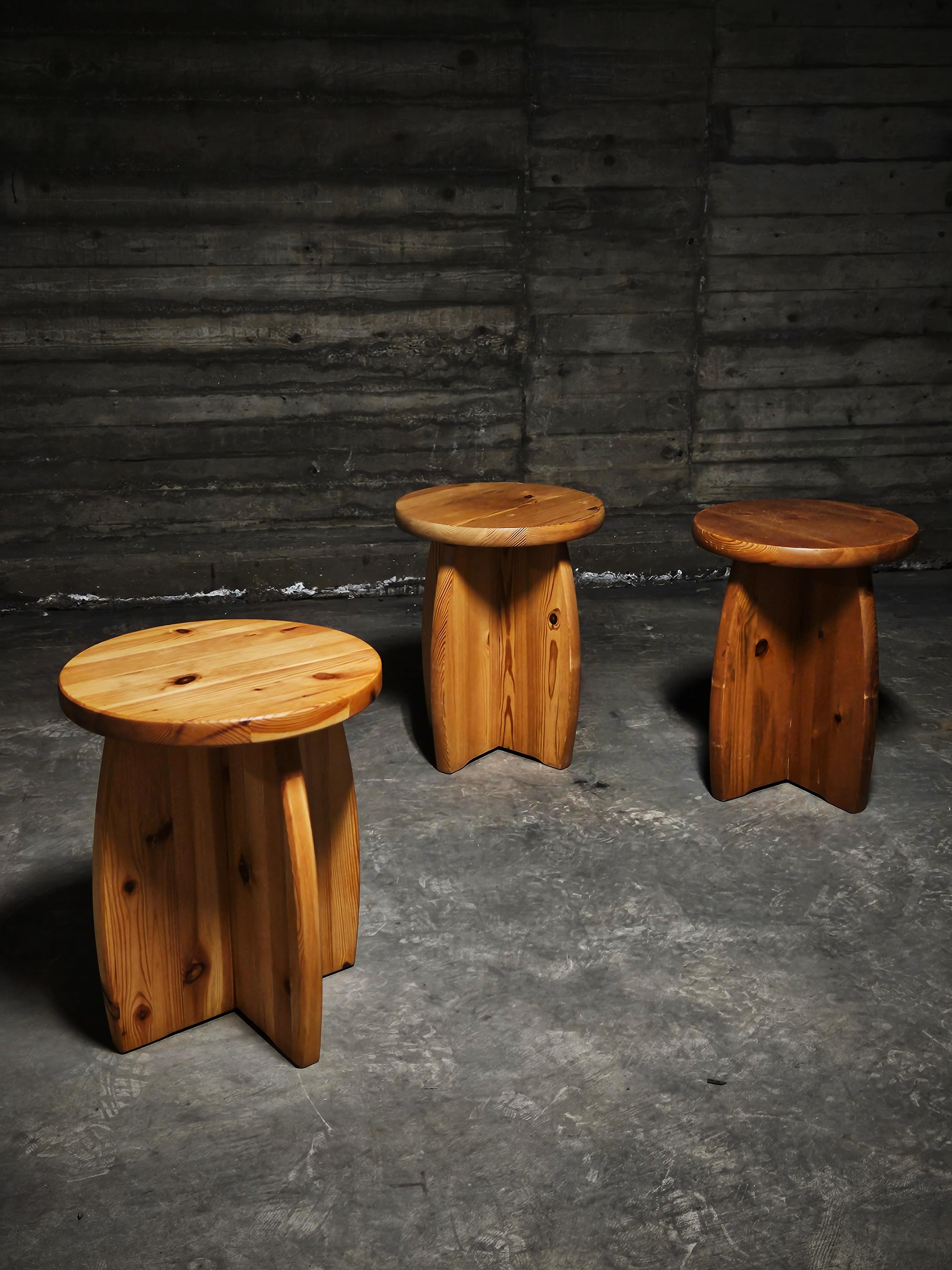 Swedish Pine stool, brutalistic design, Sweden, 1970s For Sale
