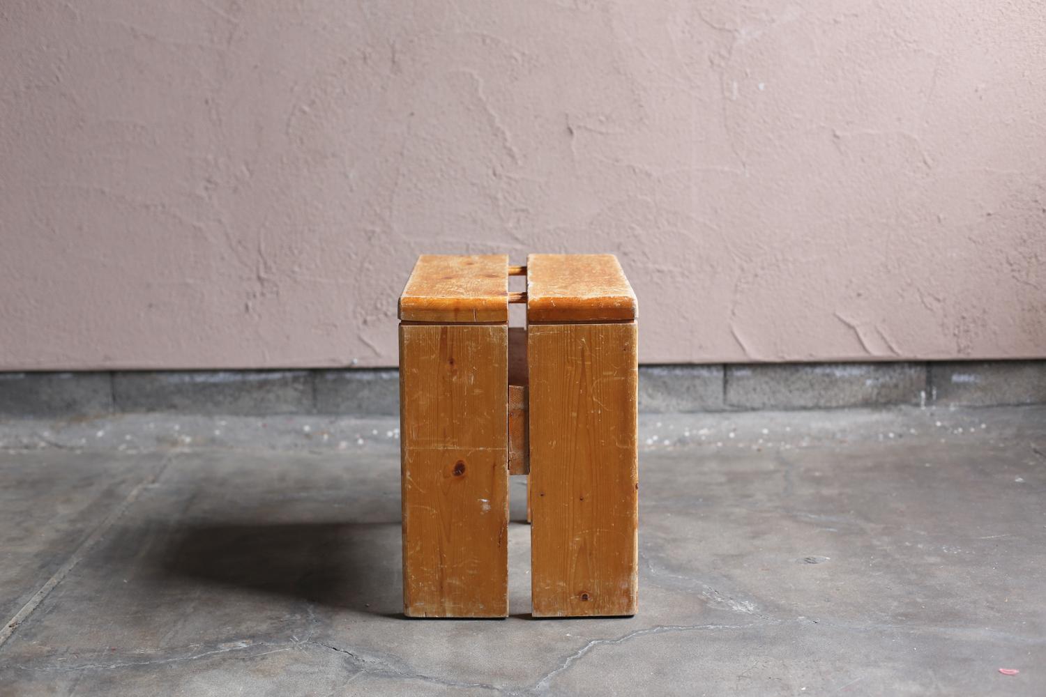 French Pine Stool for Les Arcs by Charlotte Perriand For Sale