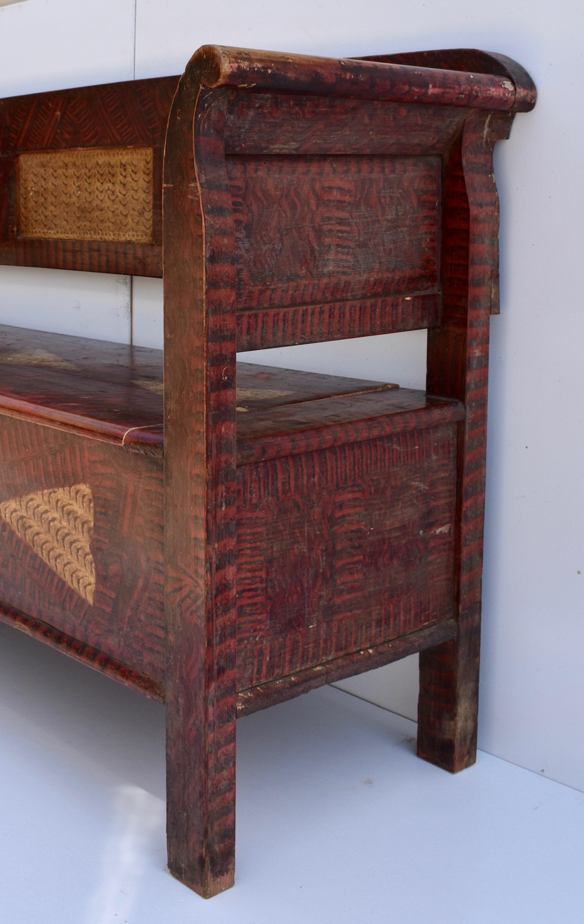 Hungarian Pine Storage Bench in Original Decorative Paint