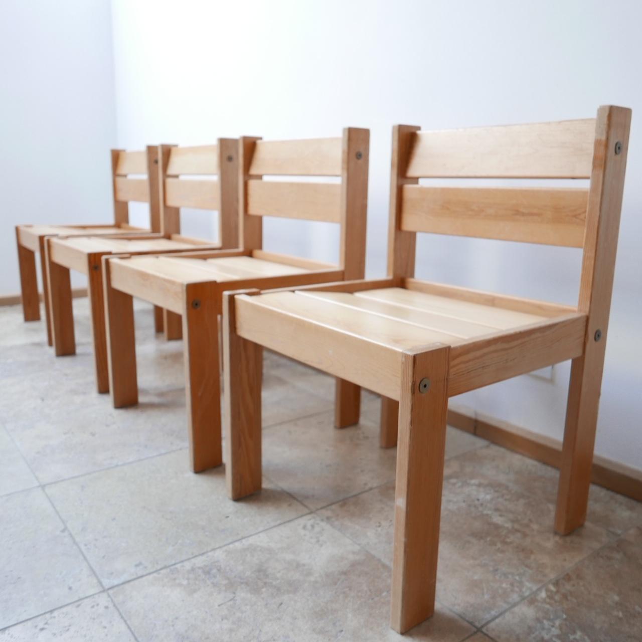 
Four in the set. 

Sweden, c1970s. 

Could work well with a cushion to raise the height if needed. 

Surface scratches and wear but structurally sound. 

Dimensions: 49.5 W x 48 D x 42 seat height x 75.5 total height in cm.