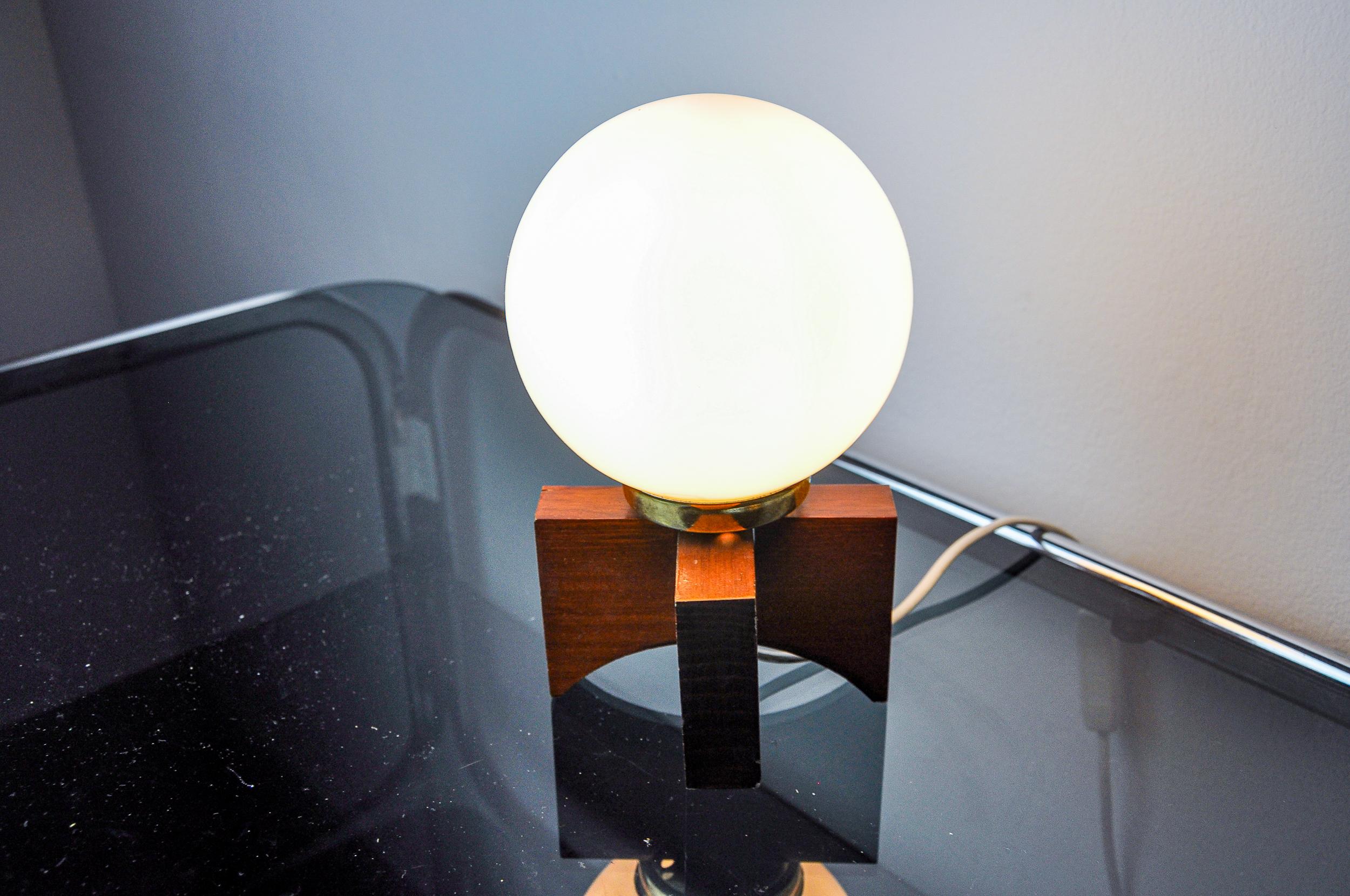Spanish Pine table lamp and opaline globe, folk art, Spain, 1970 For Sale