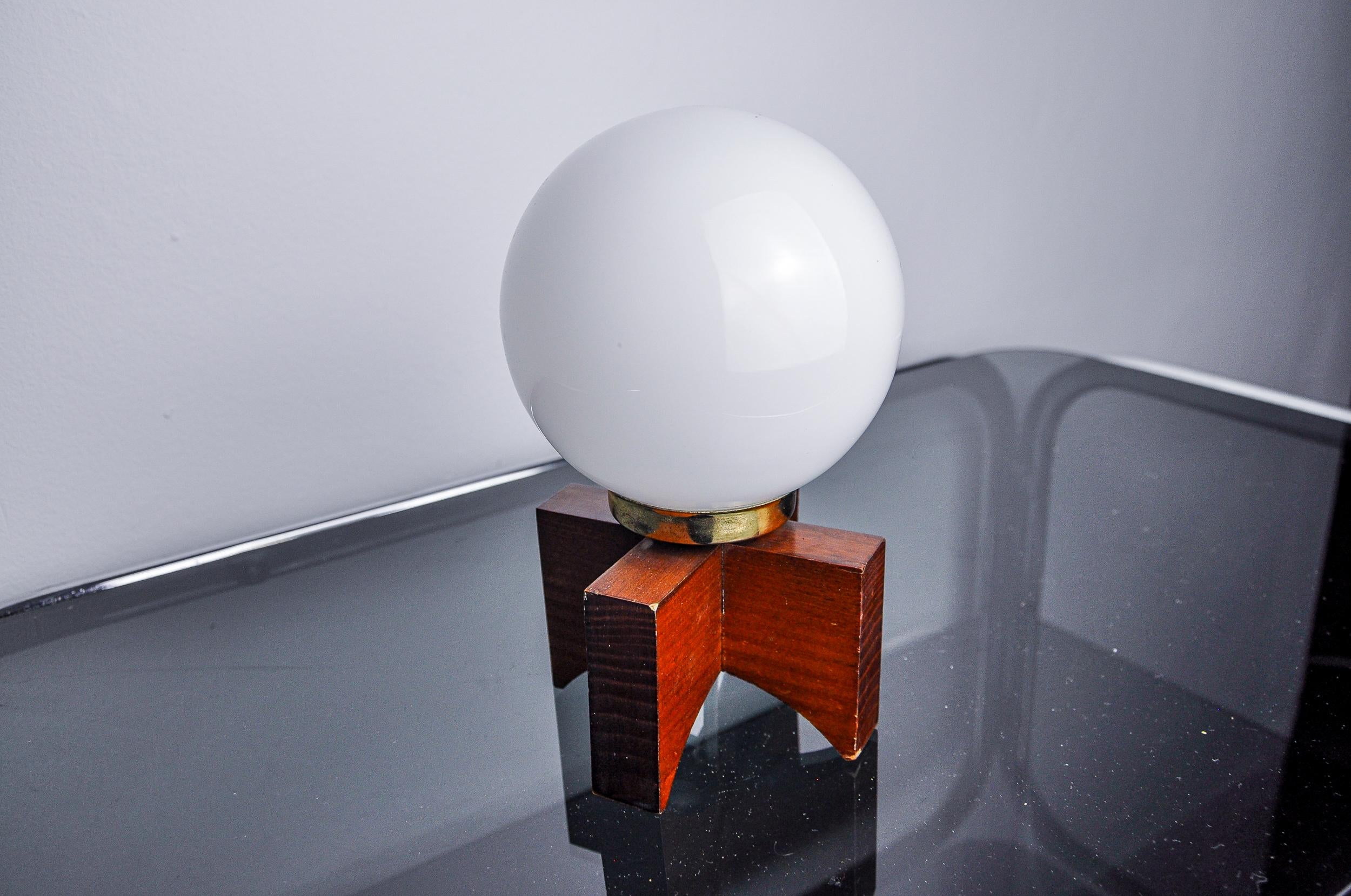 Late 20th Century Pine table lamp and opaline globe, folk art, Spain, 1970 For Sale