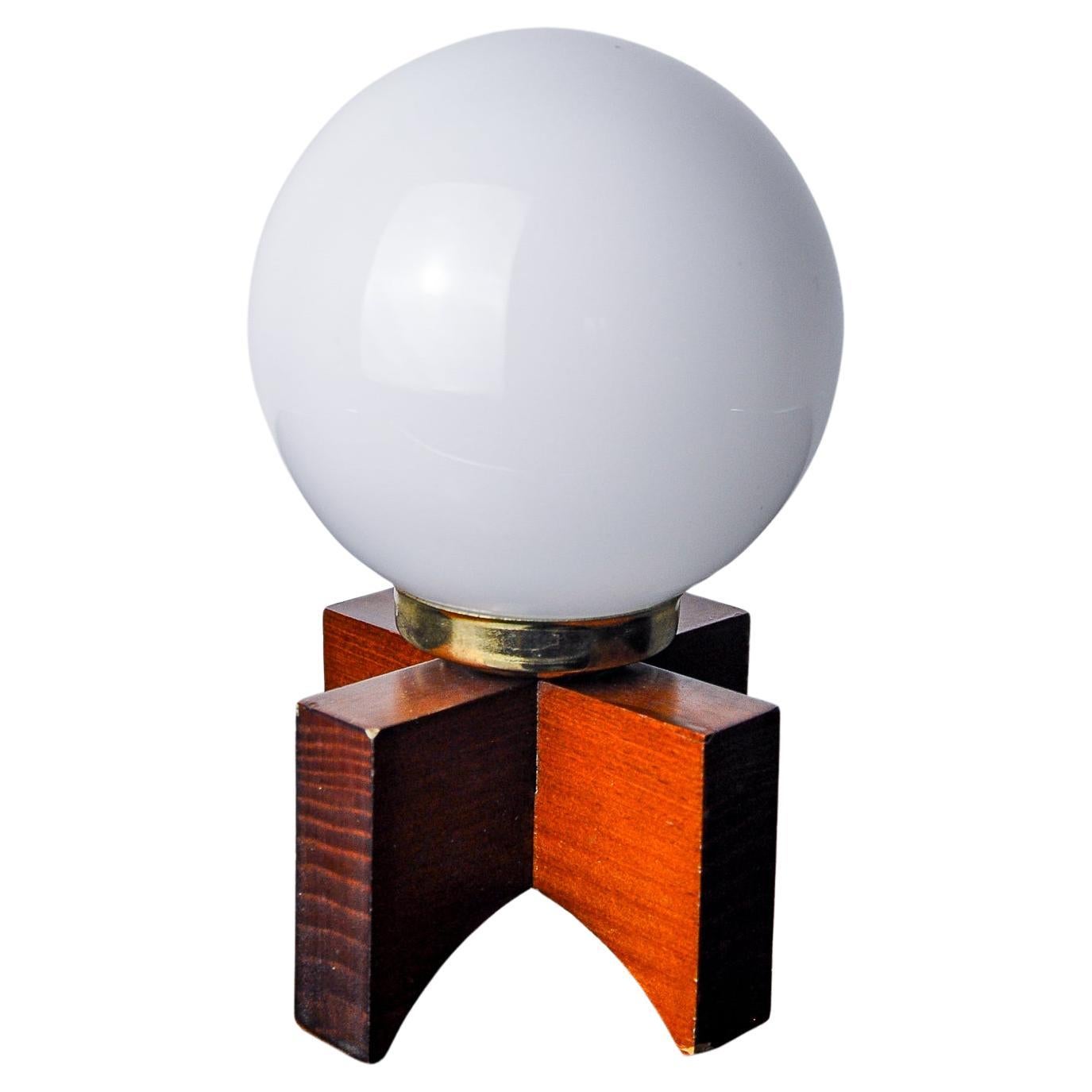 Pine table lamp and opaline globe, folk art, Spain, 1970