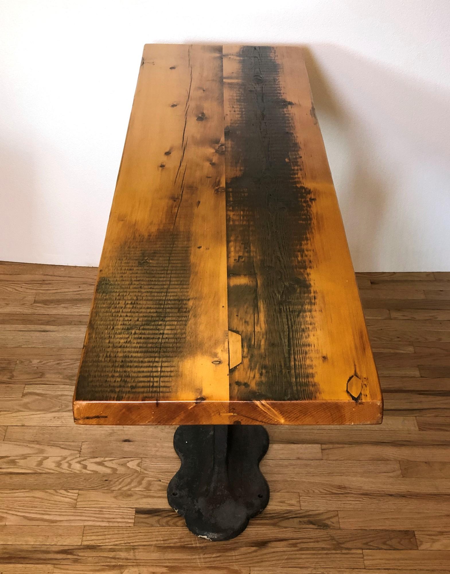 Pine Table Top w/ Cast Iron Industrial Base Console In Good Condition In New York, NY