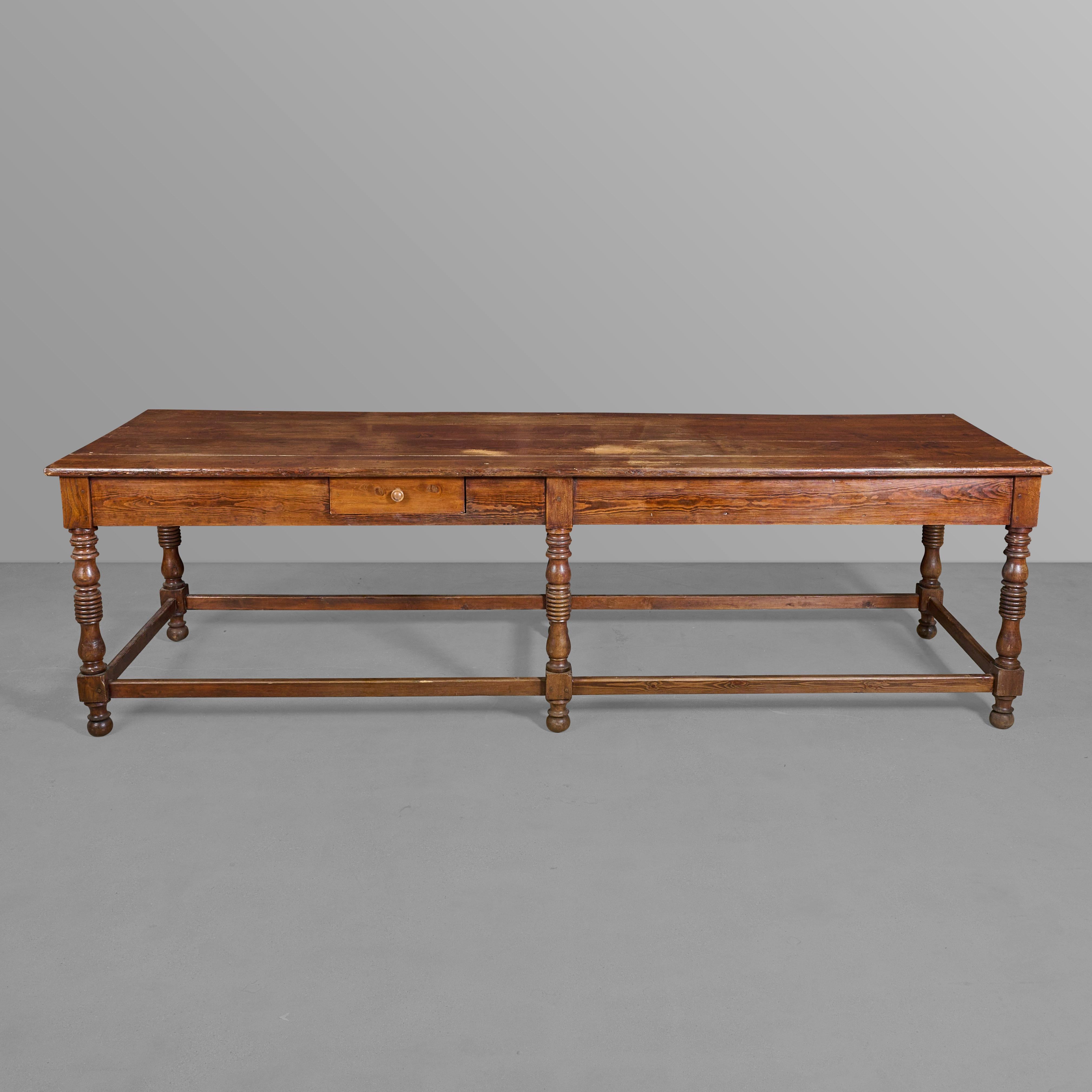 Pine tailor table with two drawers, great legs, and a wonderful patina.

