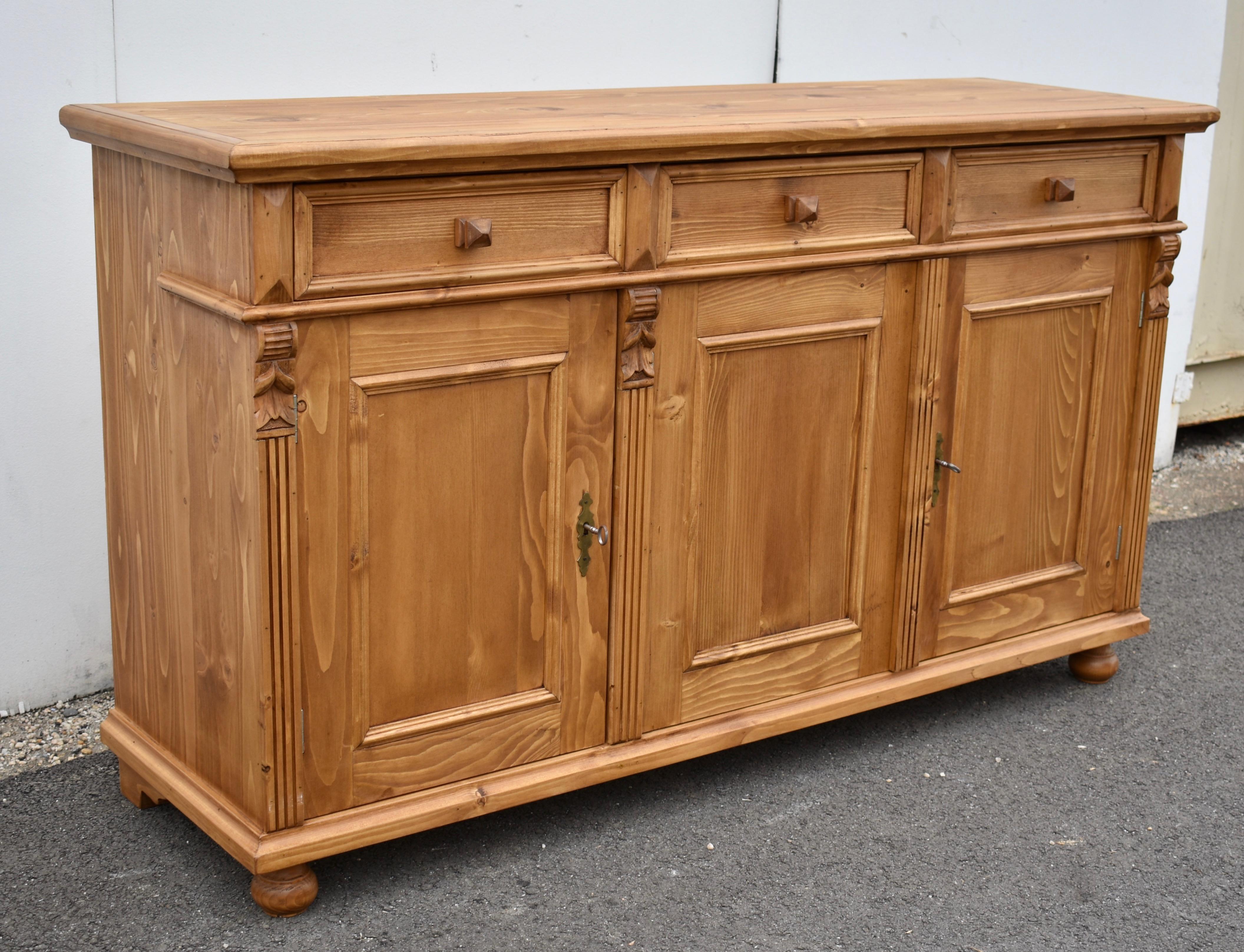 Country Pine Three Door Sideboard, Reproduction.