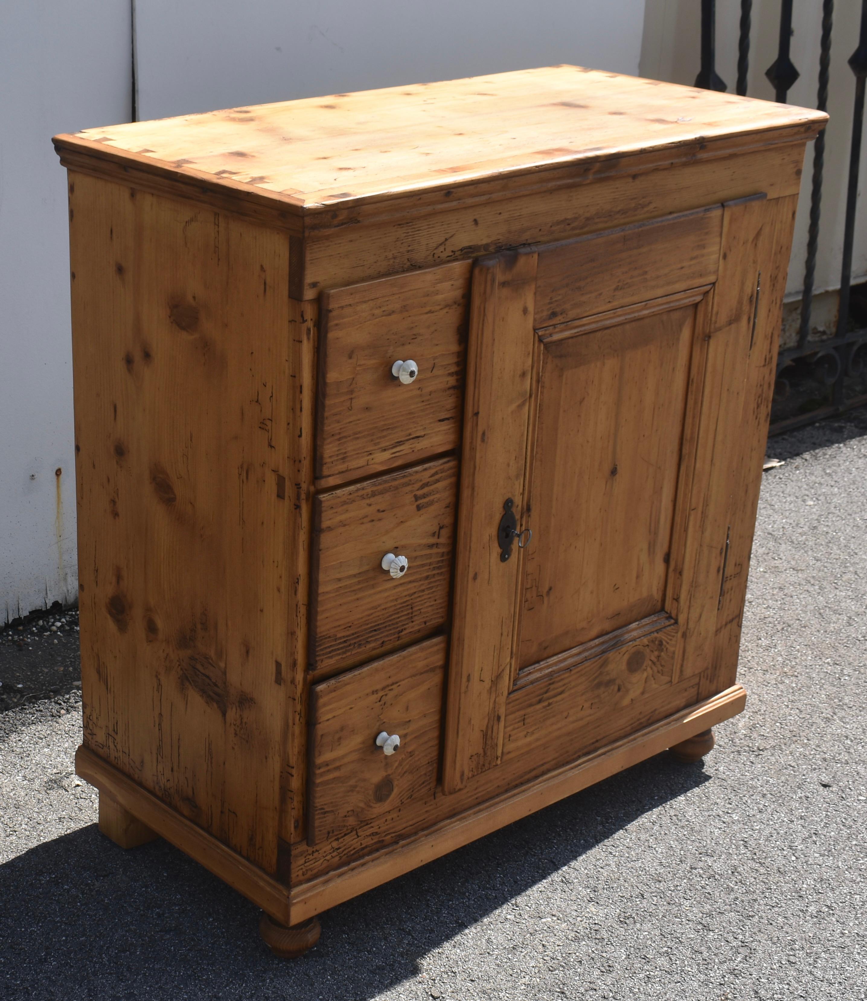 Country Pine Three Drawer Czech Bread Cupboard For Sale