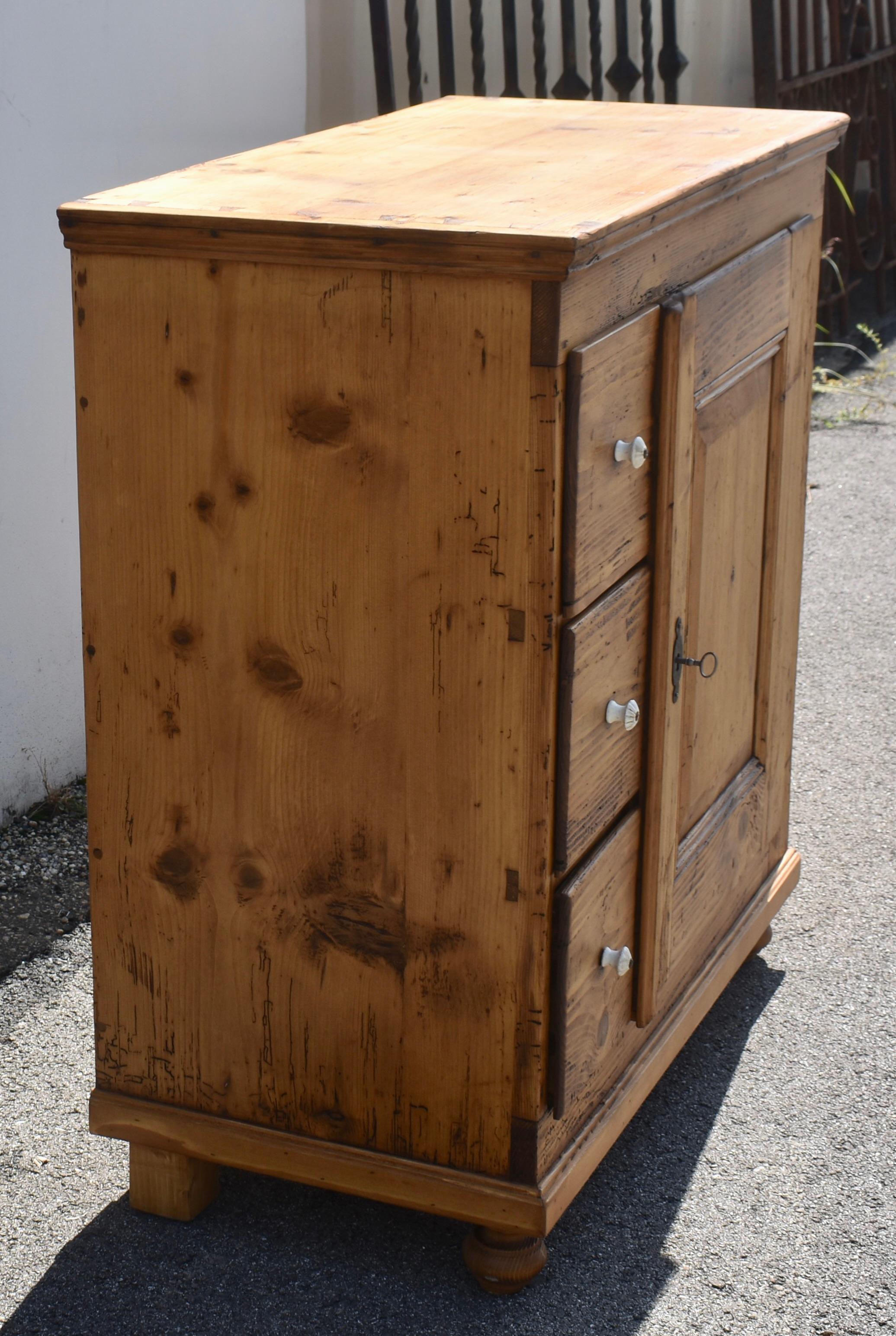 Polished Pine Three Drawer Czech Bread Cupboard For Sale