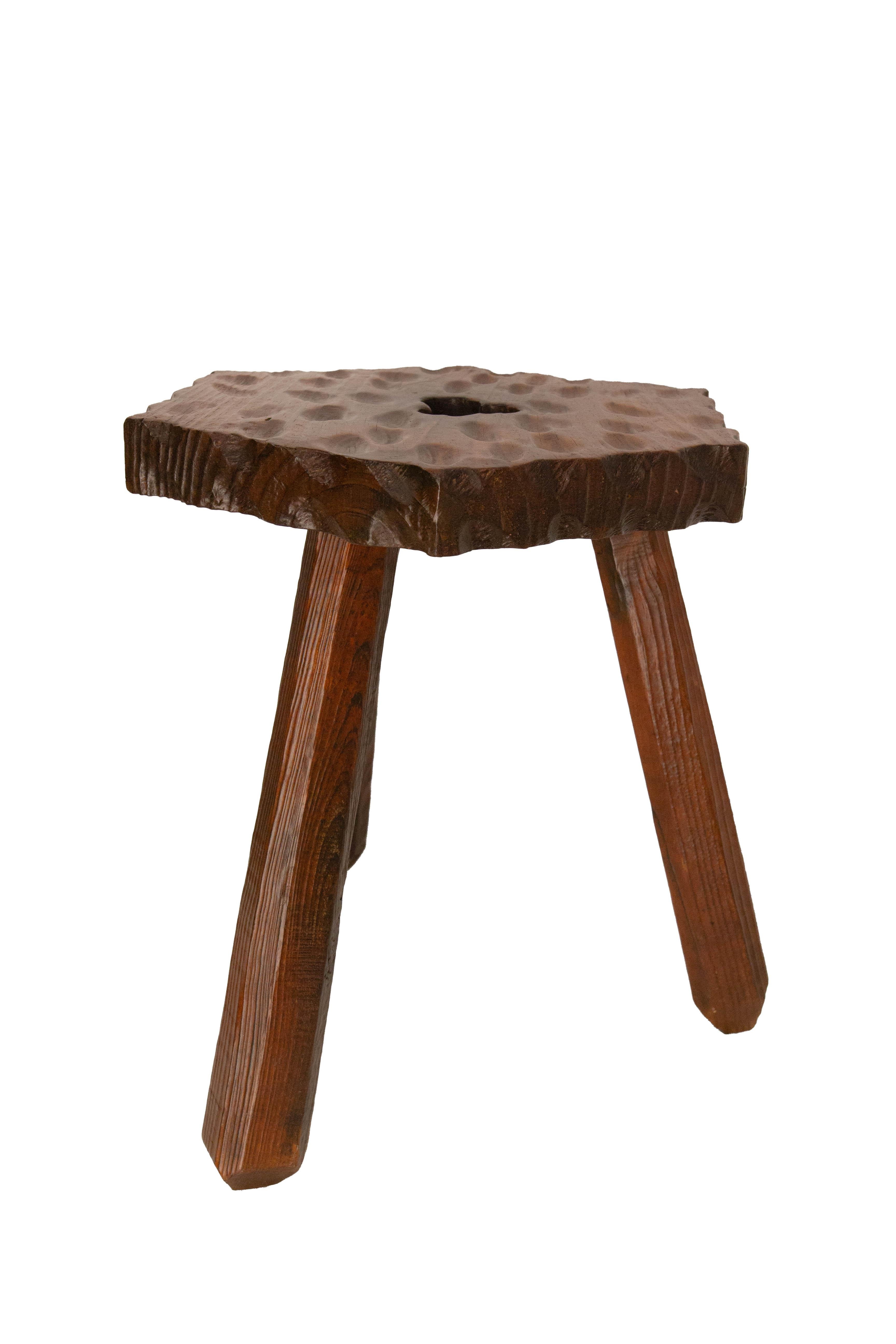 Mid-Century Modern Pine Three Legs Stool Hexagonal Top, Spanish, circa 1960 For Sale