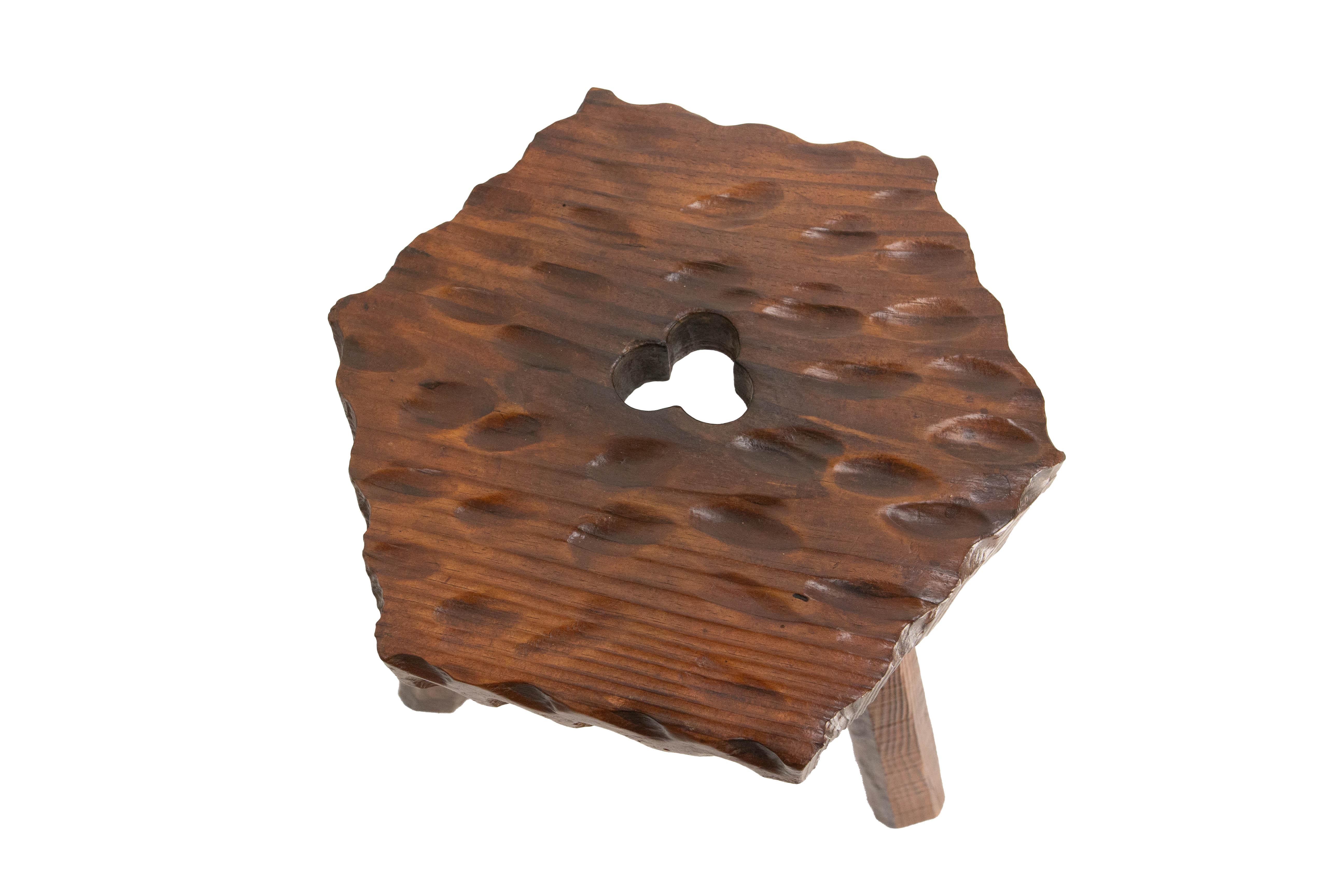 20th Century Pine Three Legs Stool Hexagonal Top, Spanish, circa 1960 For Sale