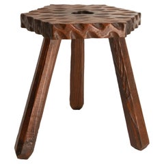 Tabouret à trois pieds en pin, plateau hexagonal, espagnol, circa 1960