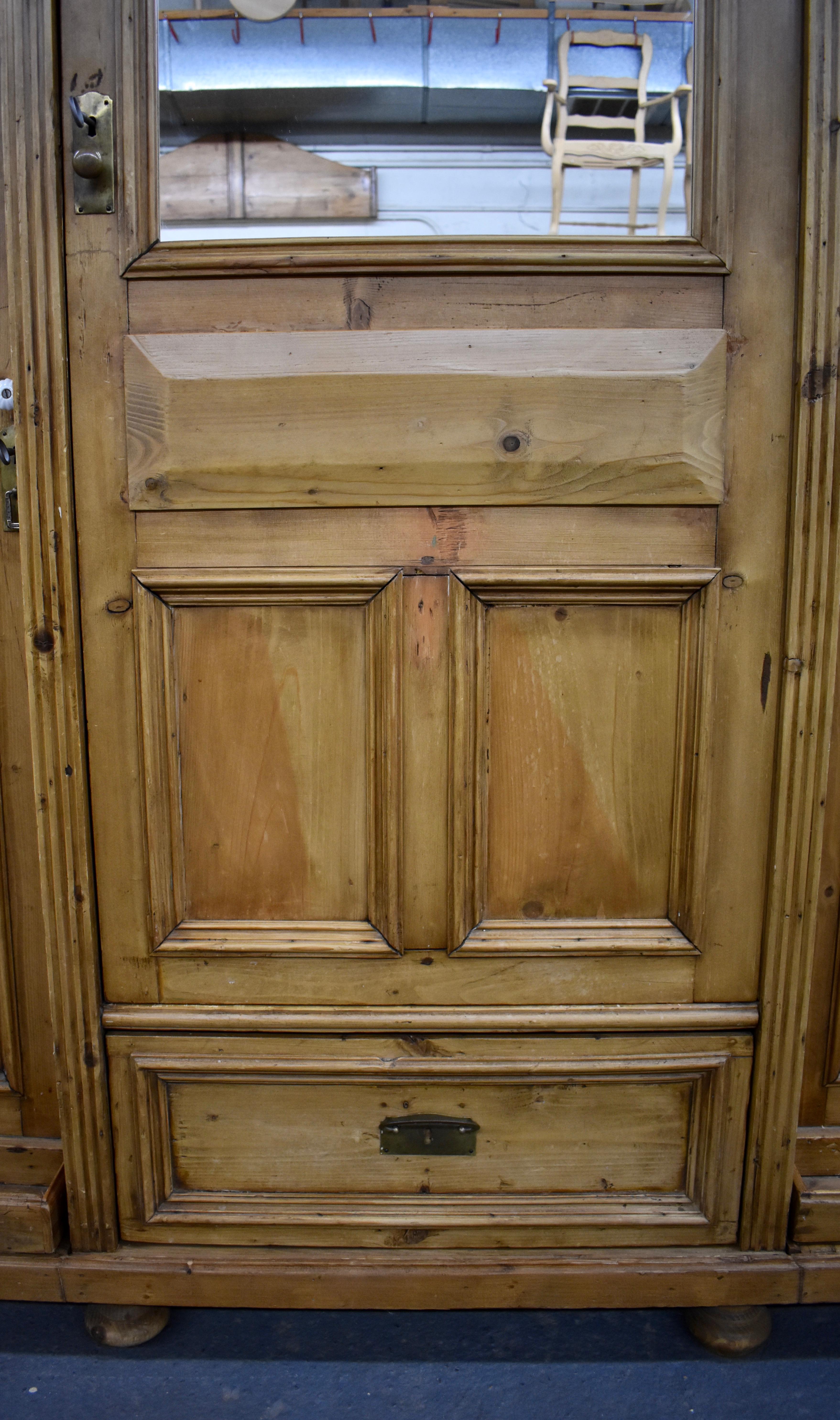 19th Century Pine Three Section Mirrored and Glazed Hall Wardrobe