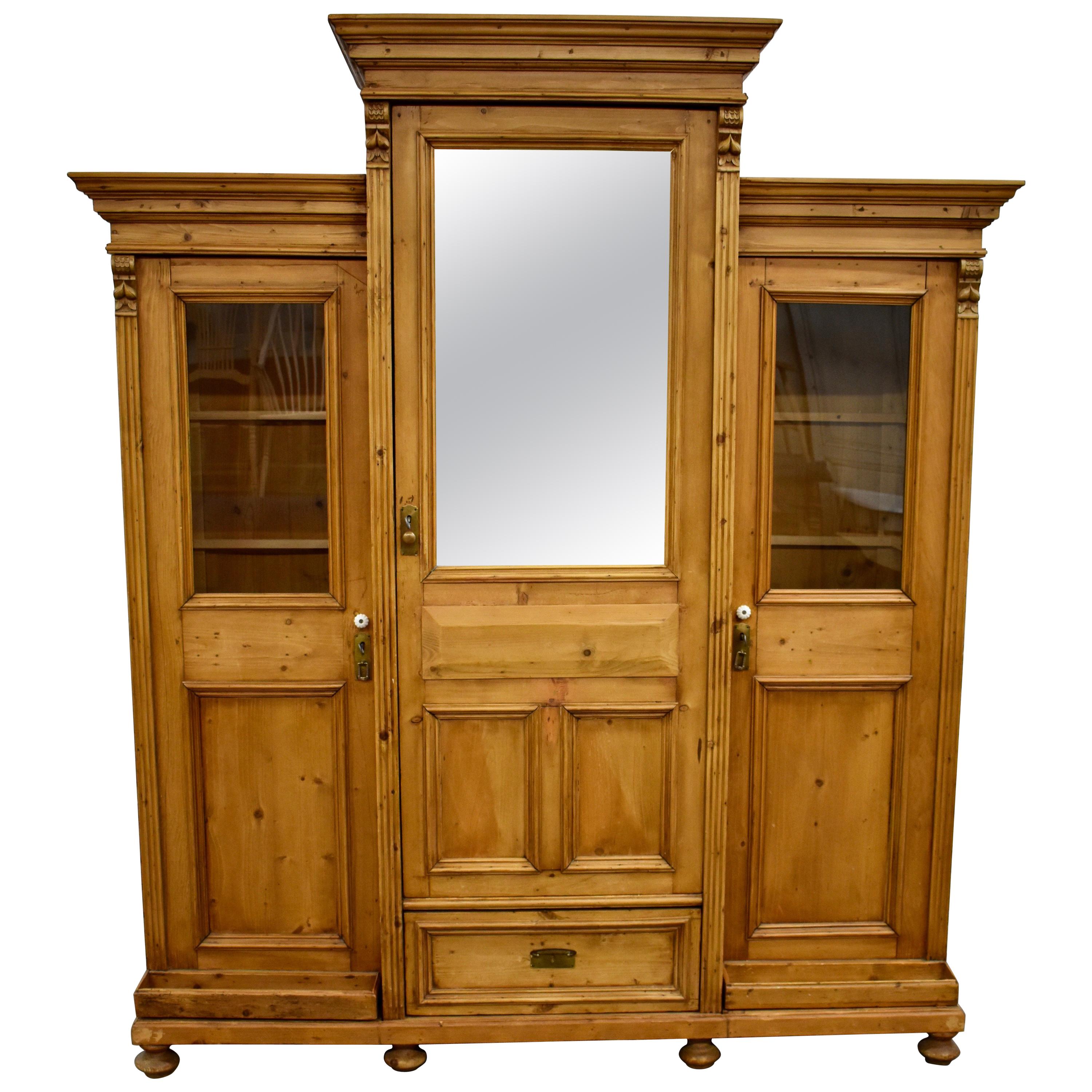 Pine Three Section Mirrored and Glazed Hall Wardrobe