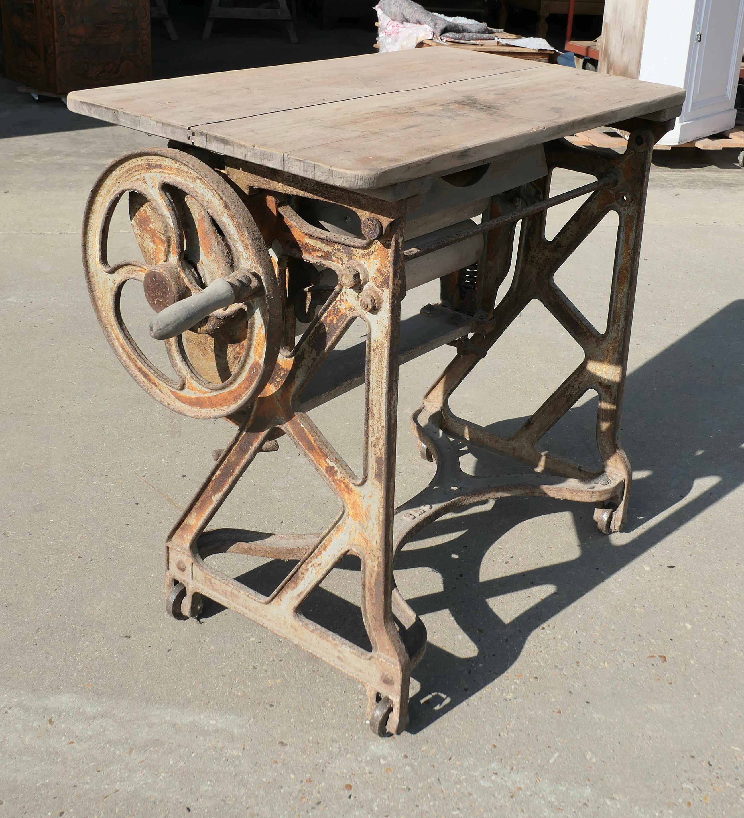 Early 20th Century Pine Top Mangle or Cast-Iron Industrial Garden Table  A Great piece of History For Sale