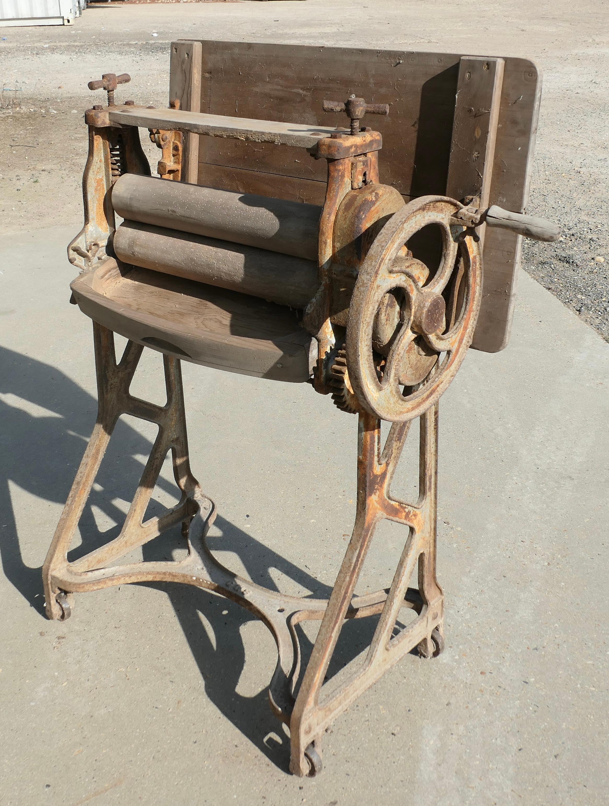 Pine Top Mangle or Cast-Iron Industrial Garden Table  A Great piece of History For Sale 3