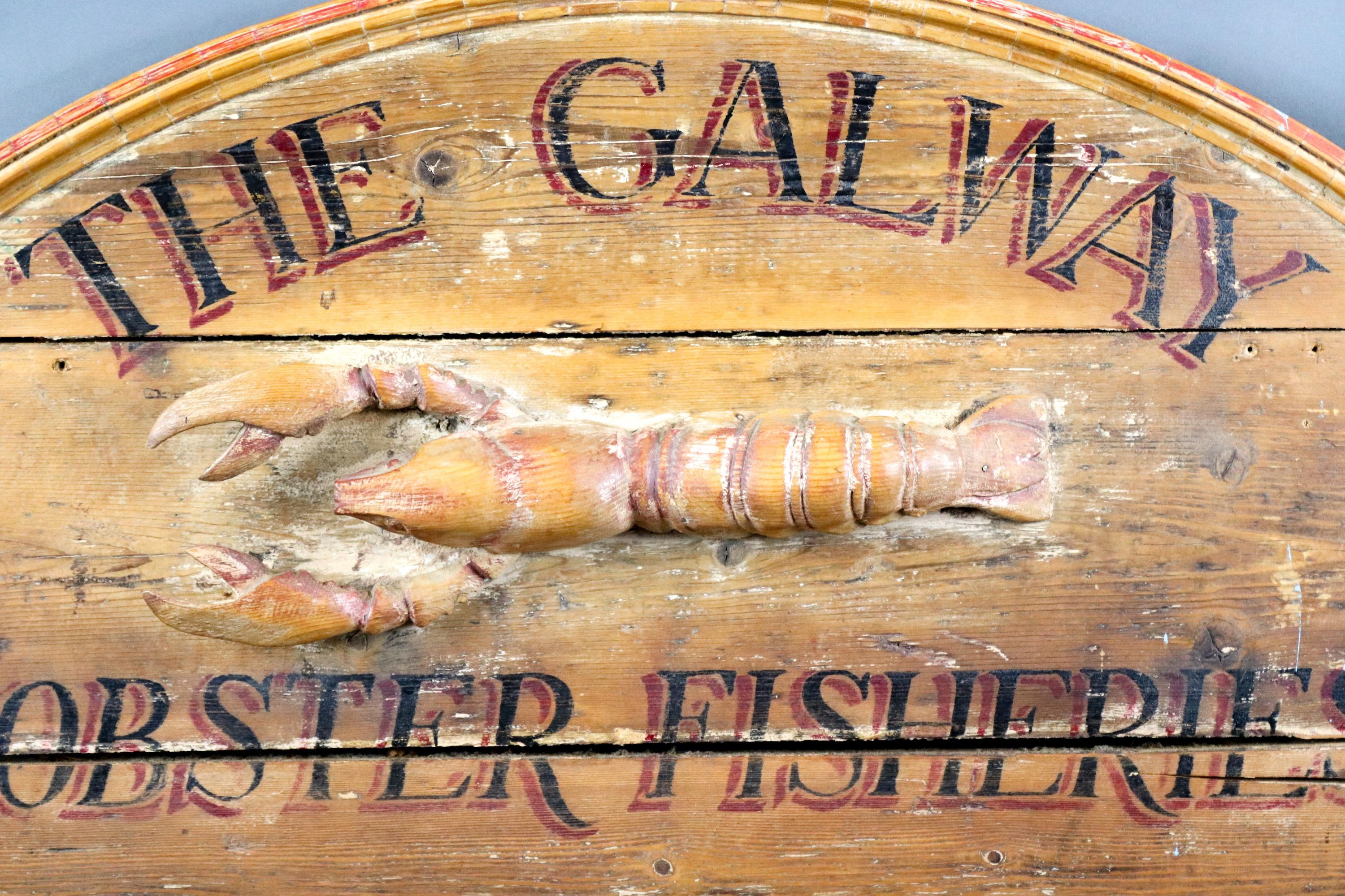 The Galway Lobster Fisheries trade sign with carved lobster and arched top. Measures: 39